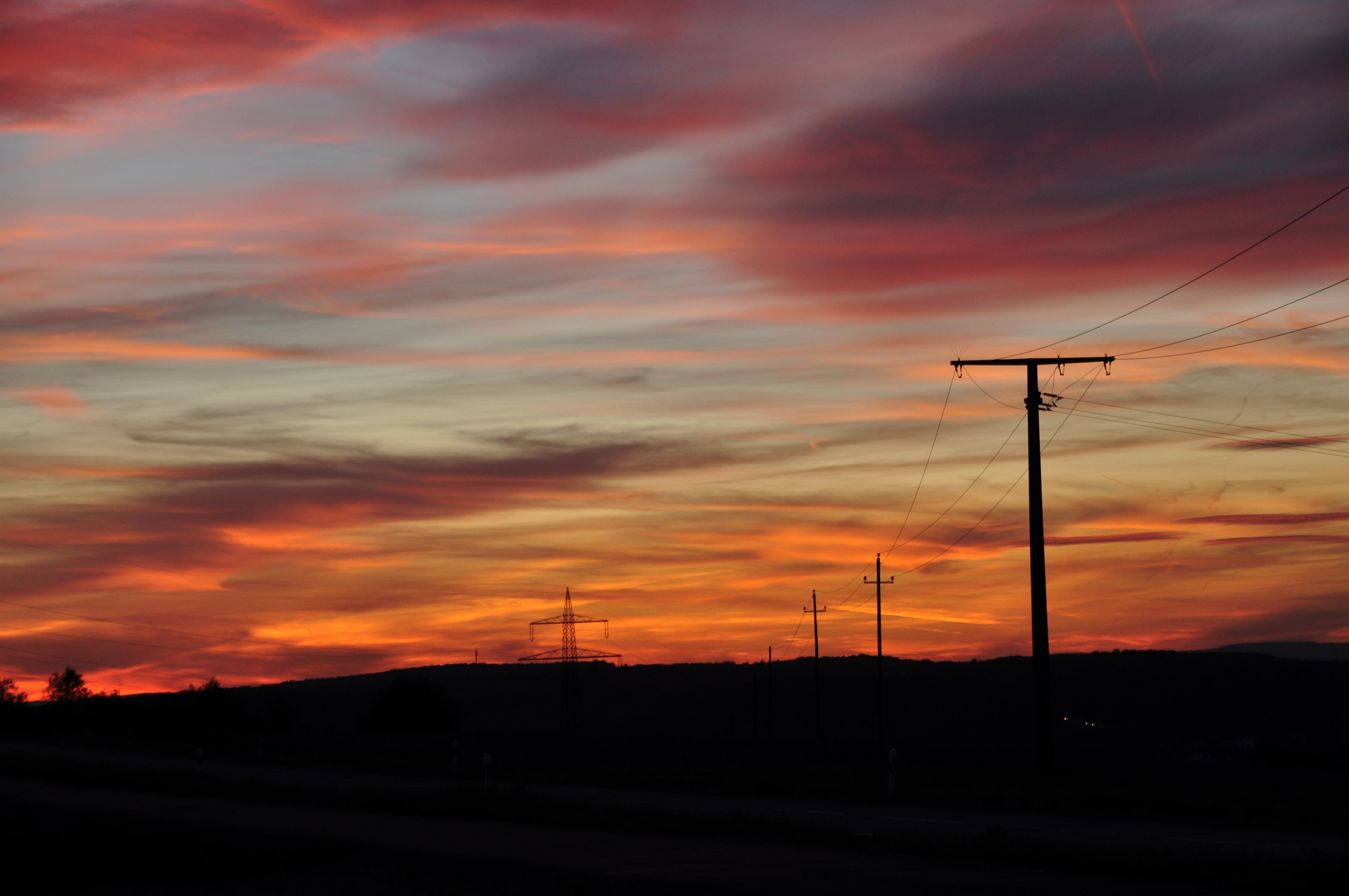 environment, no people, landscape, connection, silhouette, 4K, fuel and power generation, power supply, sky, power line, electricity pylon, beauty in nature, HD Wallpaper