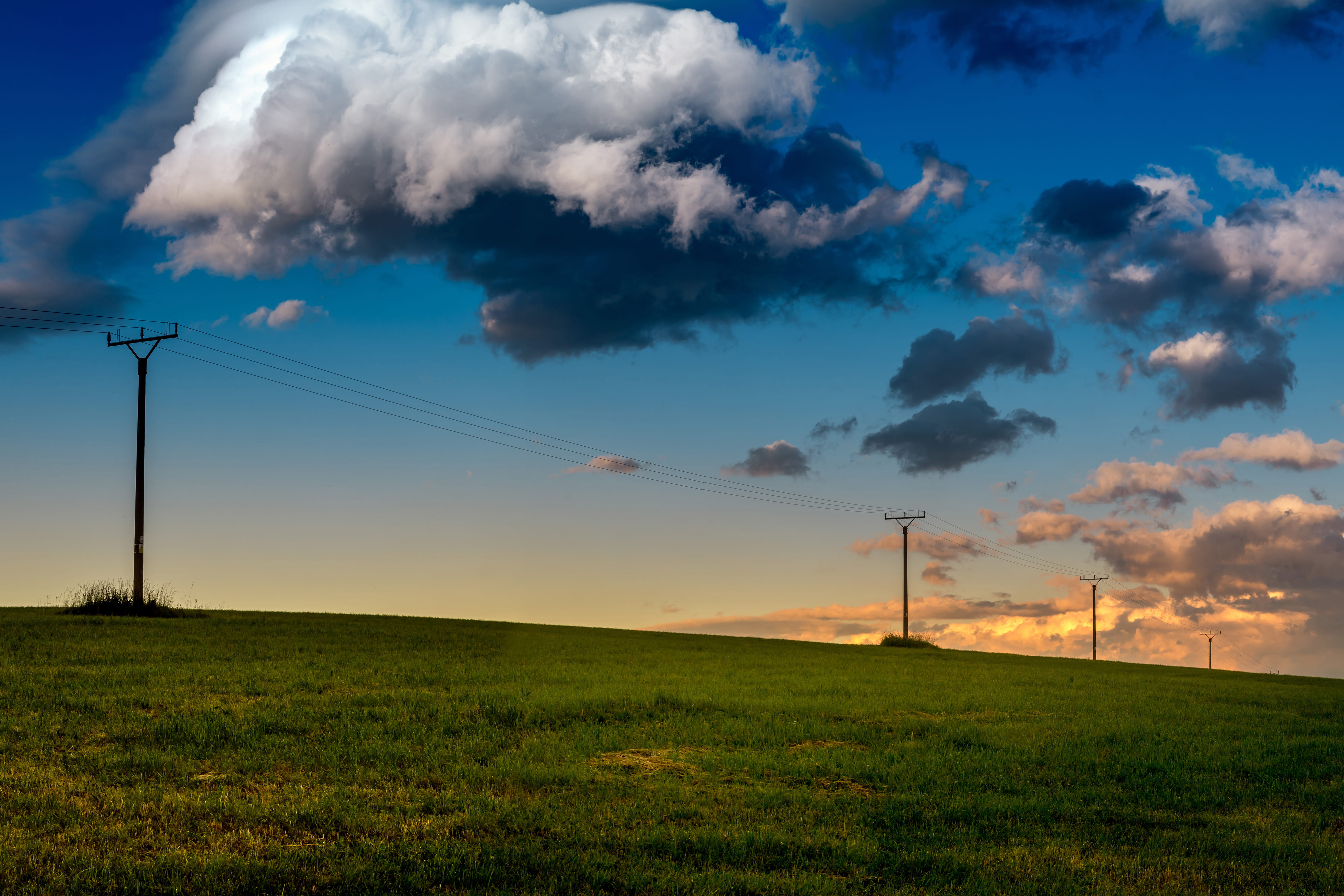 field, nature, beauty in nature, tranquility, sky, blue, evening, big, cable, power in nature, early, grass, fuel and power generation, technology, 5K, HD Wallpaper
