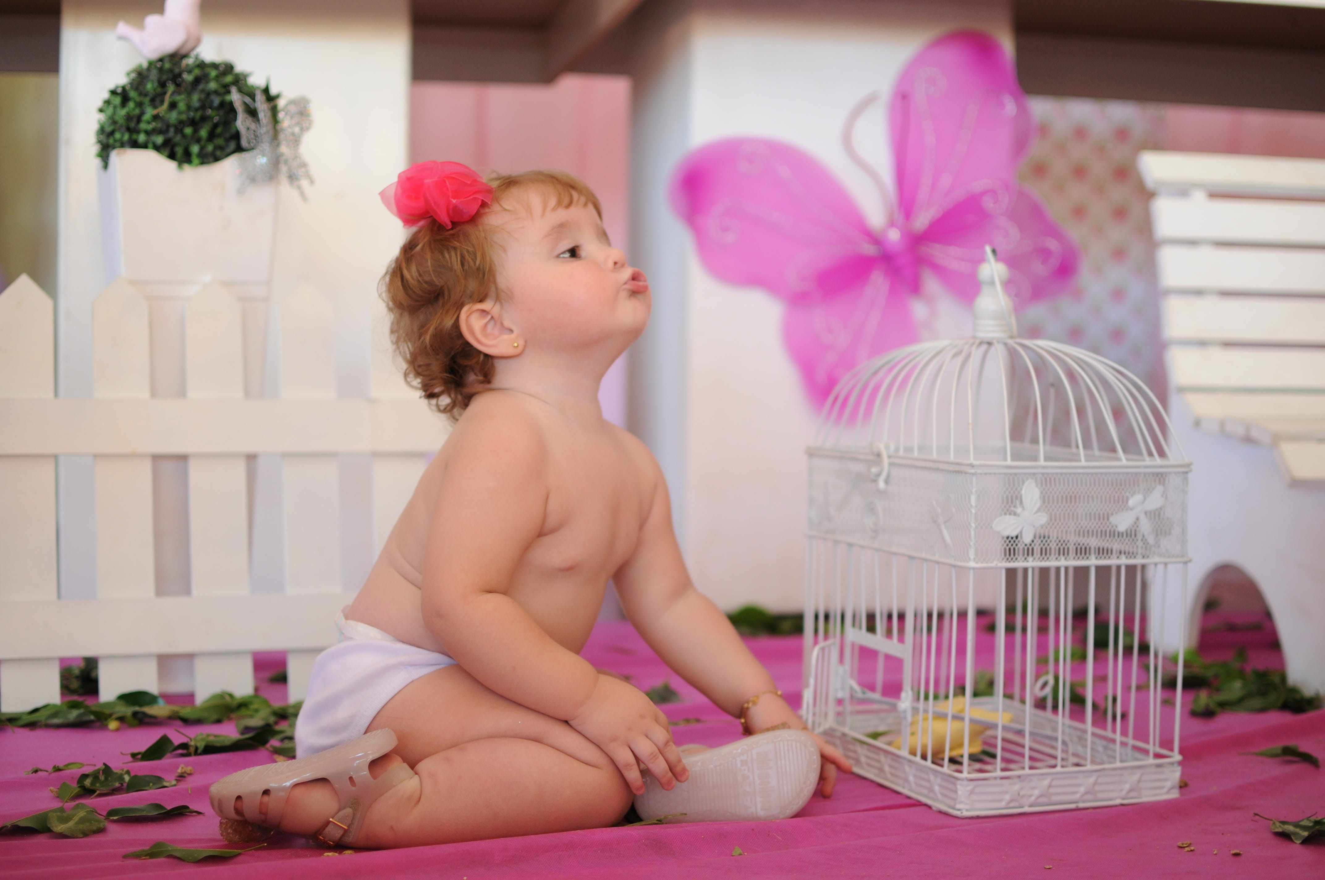 lifestyles, cute, young, surface, shirtless, beside, sitting, pink color, bottoms, childhood, Decoration, butterfly, princess, girls, plant, full length, HD Wallpaper