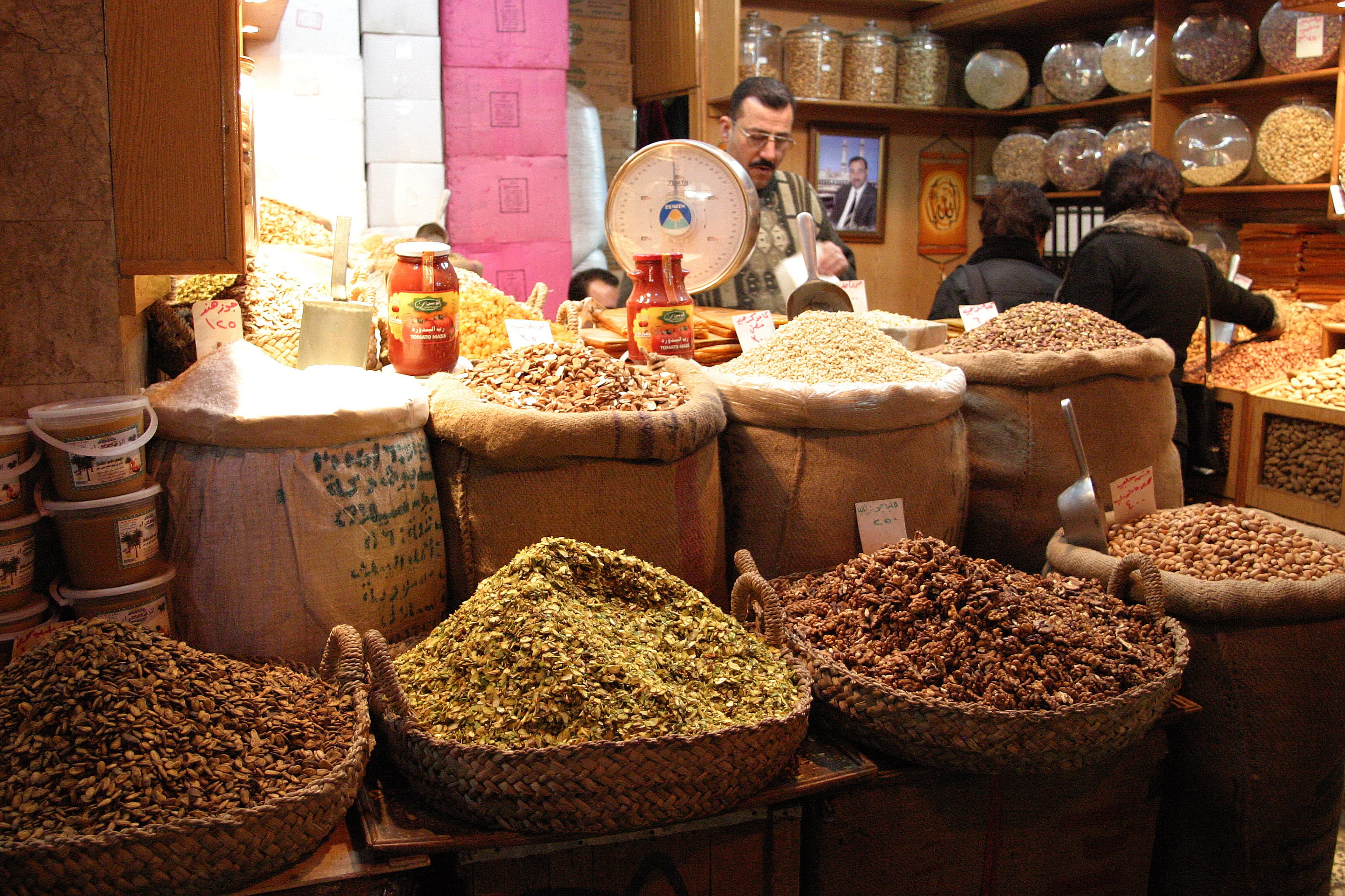 arrangement, sack, food, lot, seller, indoors, for sale, plant, still life, abundance, spice, choice, spices, aleppo, souk, market, market stall, large group of objects, HD Wallpaper