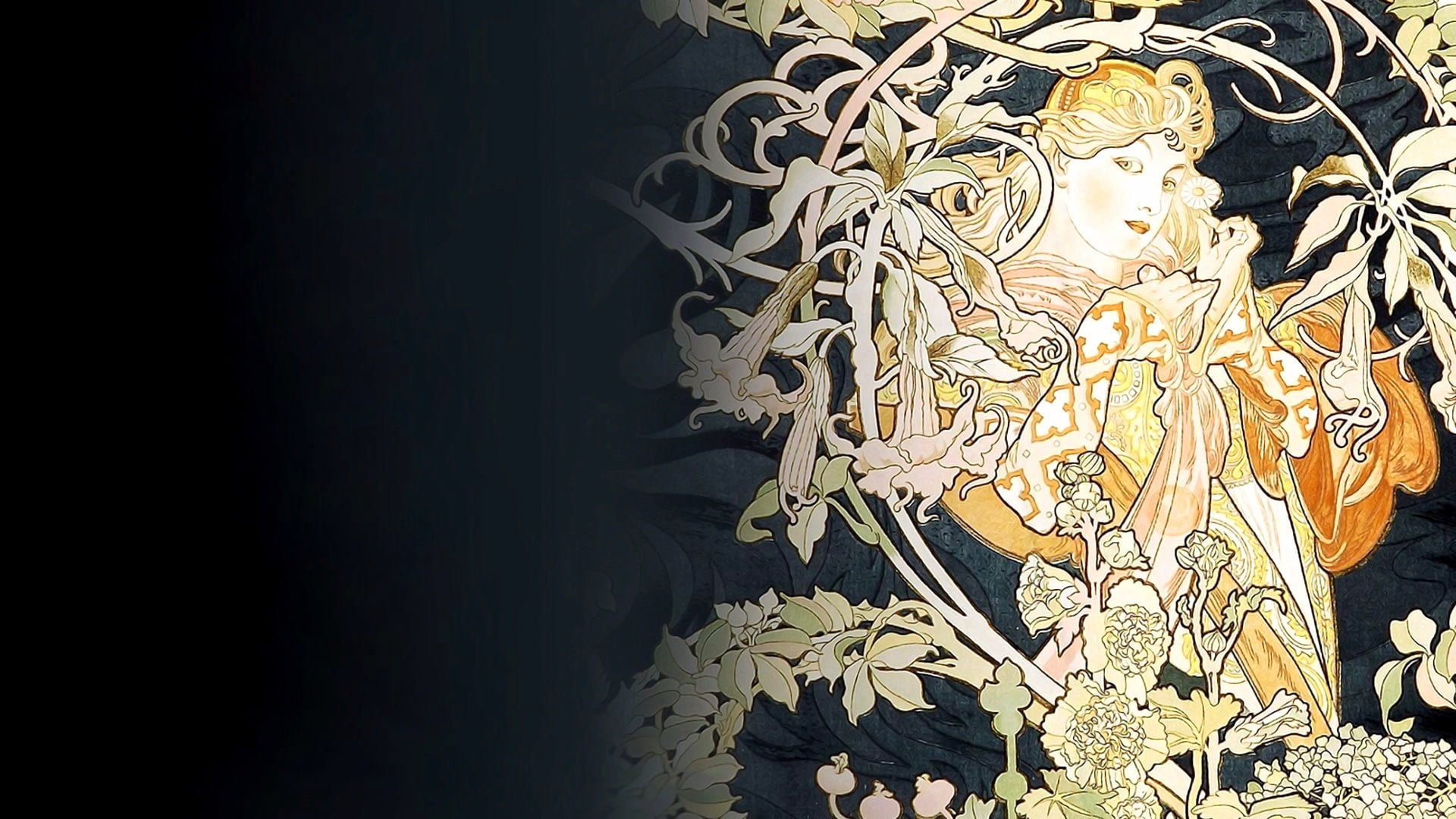 picture, Alphonse Mucha, painting, girl, floral ornament, figure, 1080P, black background, mural, HD Wallpaper