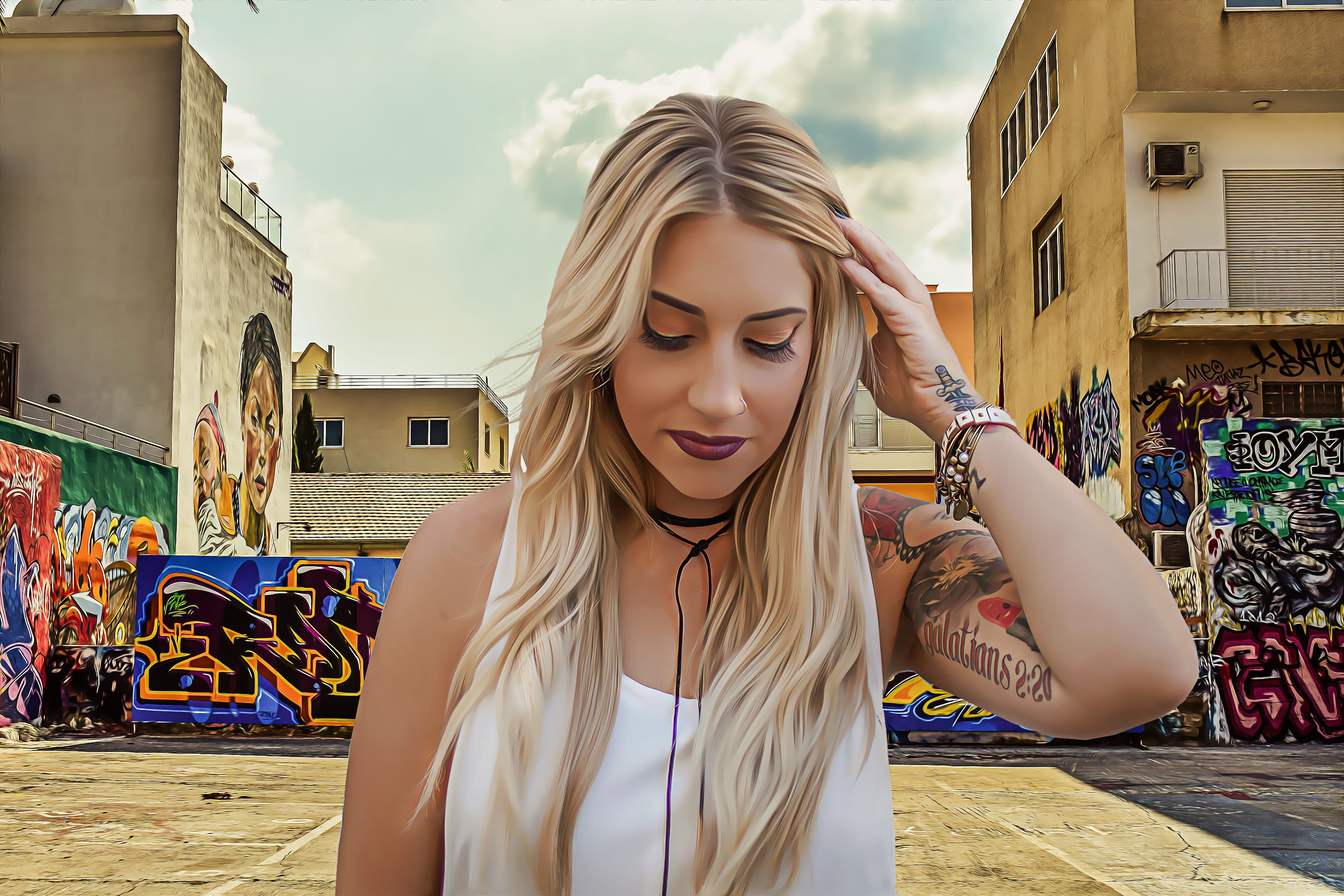 hairstyle, architecture, young adult, photomanipulation, one person, portrait, standing, women, day, graffiti, inked, blonde hair, adult, road, blonde, HD Wallpaper