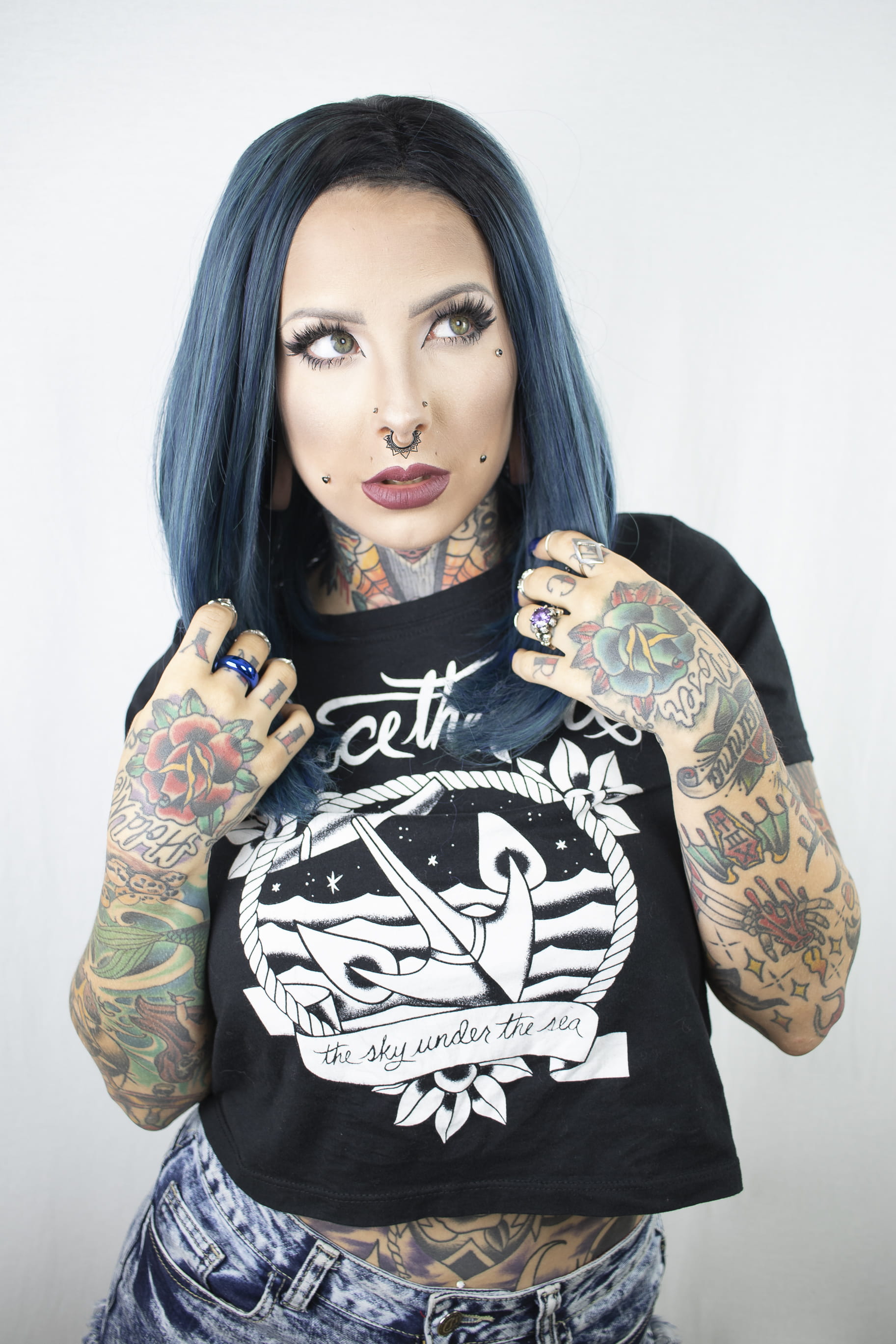 outfit, female, blue hair, model, fashion, casual clothing, white background, woman, adult, dyed hair, confidence, blue, nose piercing, looking away, tattoo, Phone HD Wallpaper