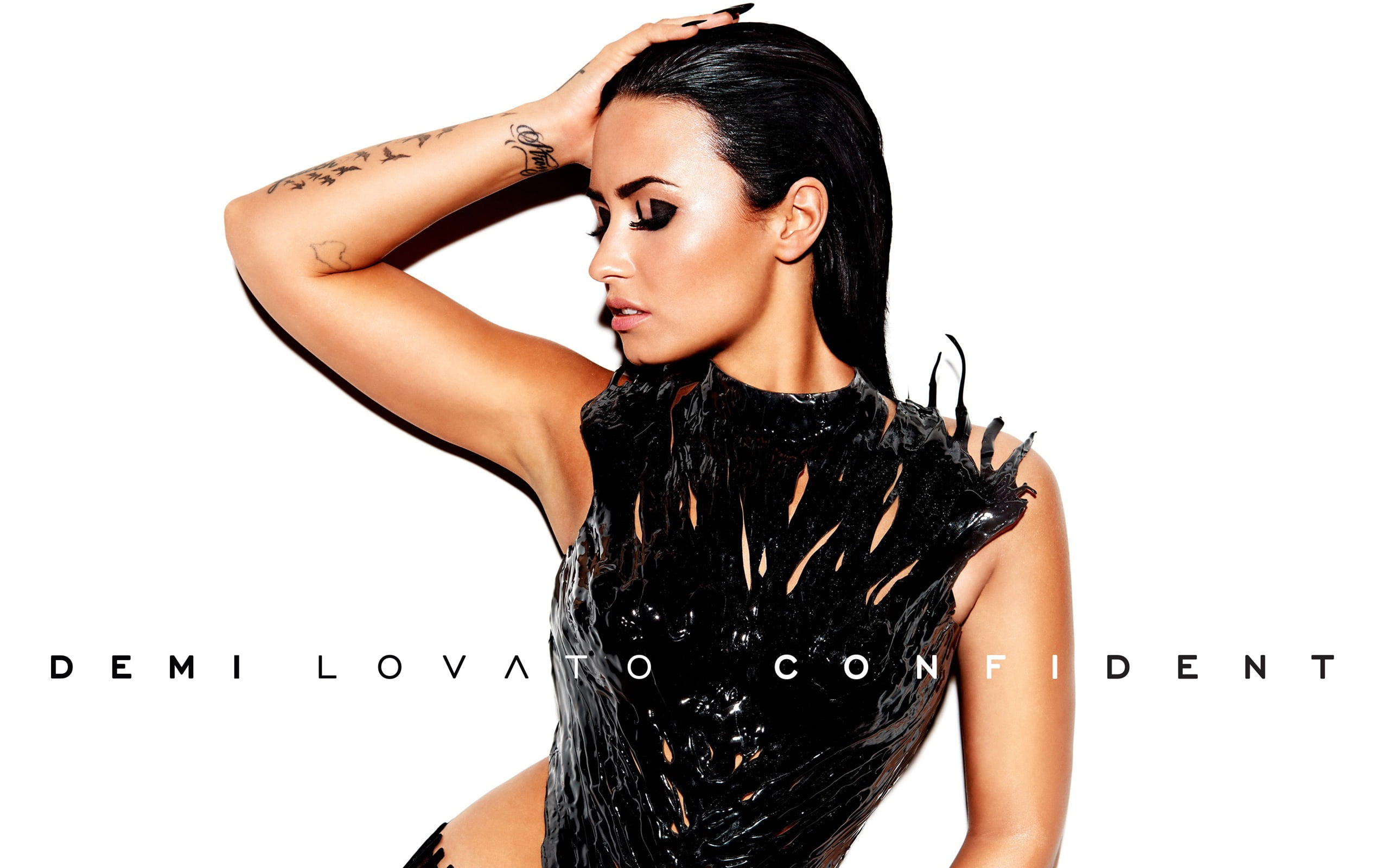New Album, Confident, pose, tattoo, in black, figure, brunette, outfit, music, hairstyle, style, singer, white background, Demi Lovato, 2K, makeup, HD Wallpaper
