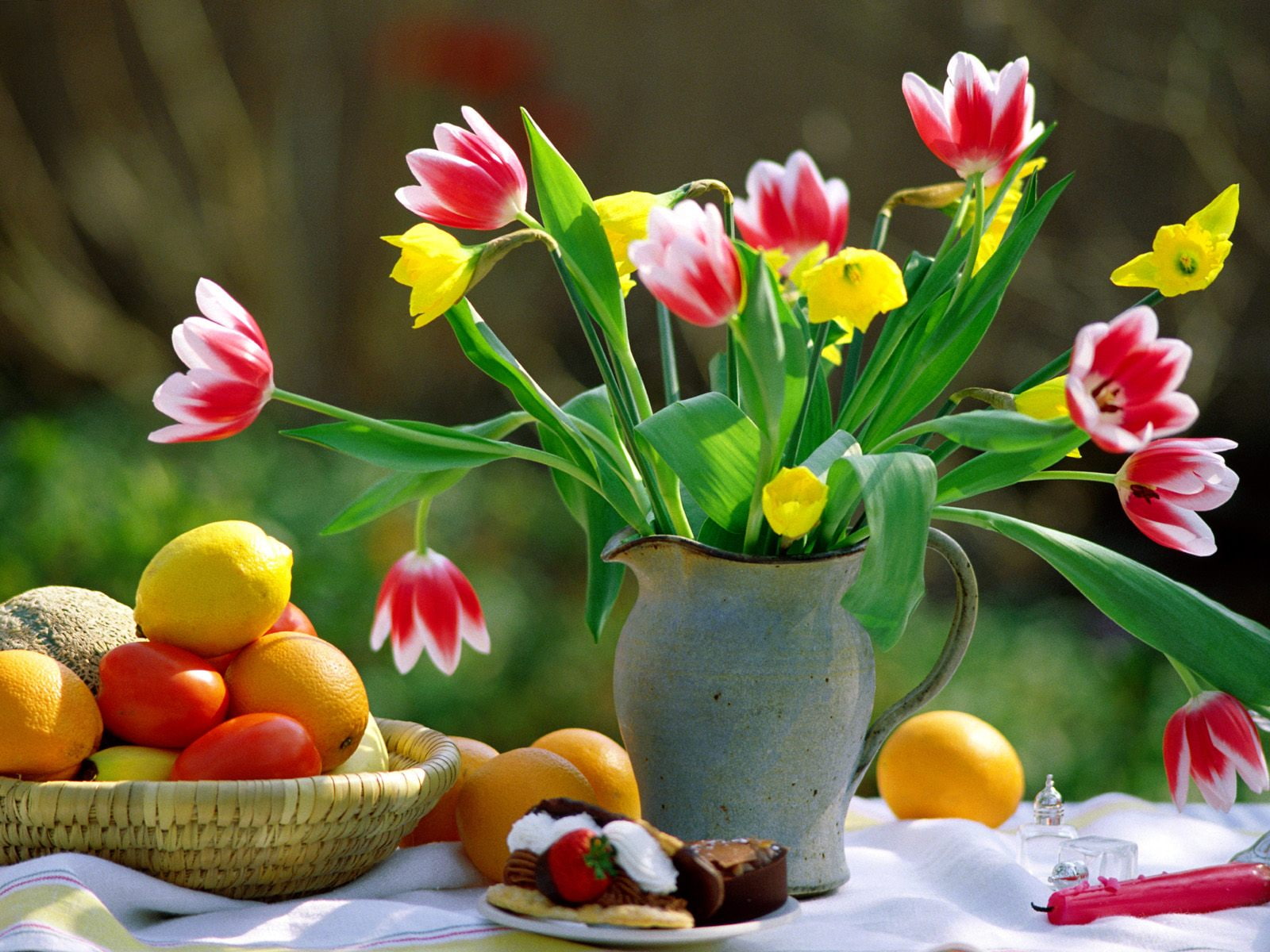 fruits, flowers, hd, basket, 720P, white, melody, flower, vase, spring, HD Wallpaper