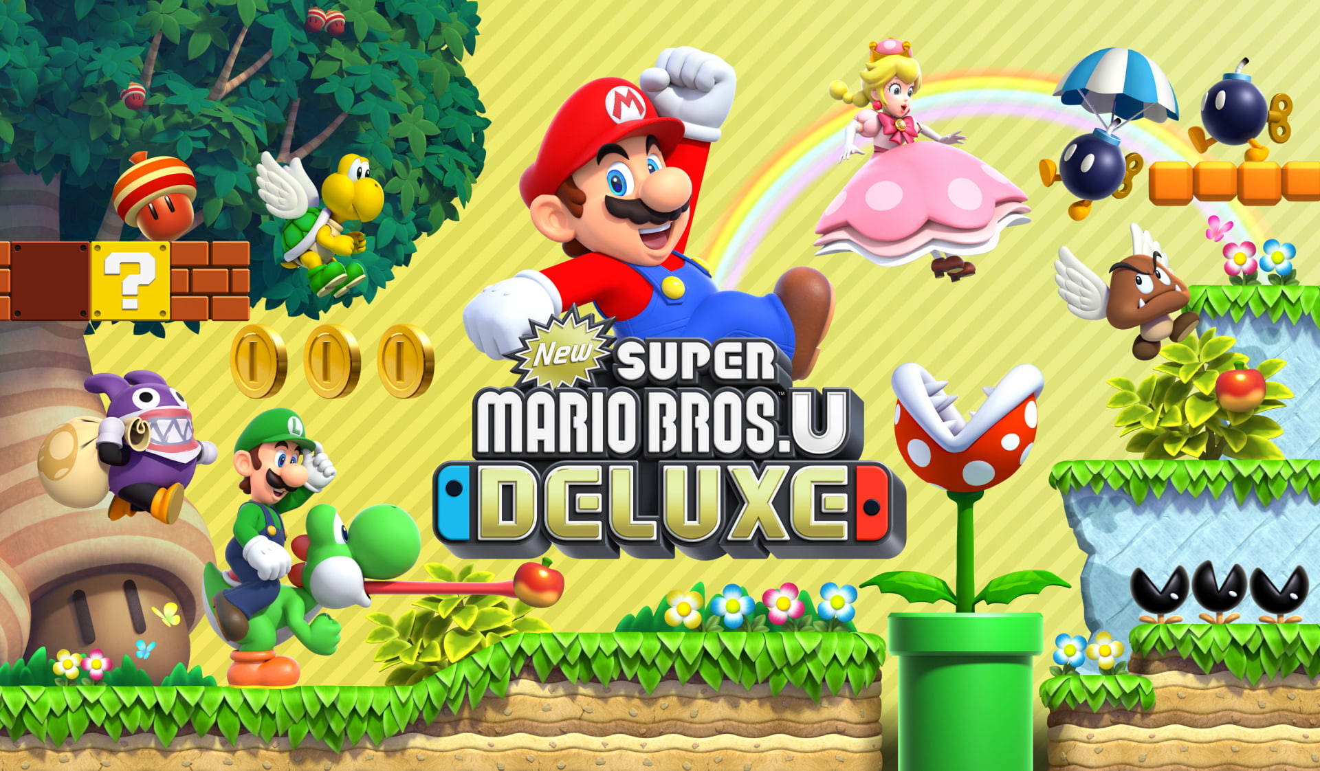 Peachette (Mario), Piranha Plant, Video Game, Nabbit (Mario), New Super Mario Bros. U Deluxe, Bob-omb, Mario, Goomba, Luigi, 1080P, Yoshi, HD Wallpaper