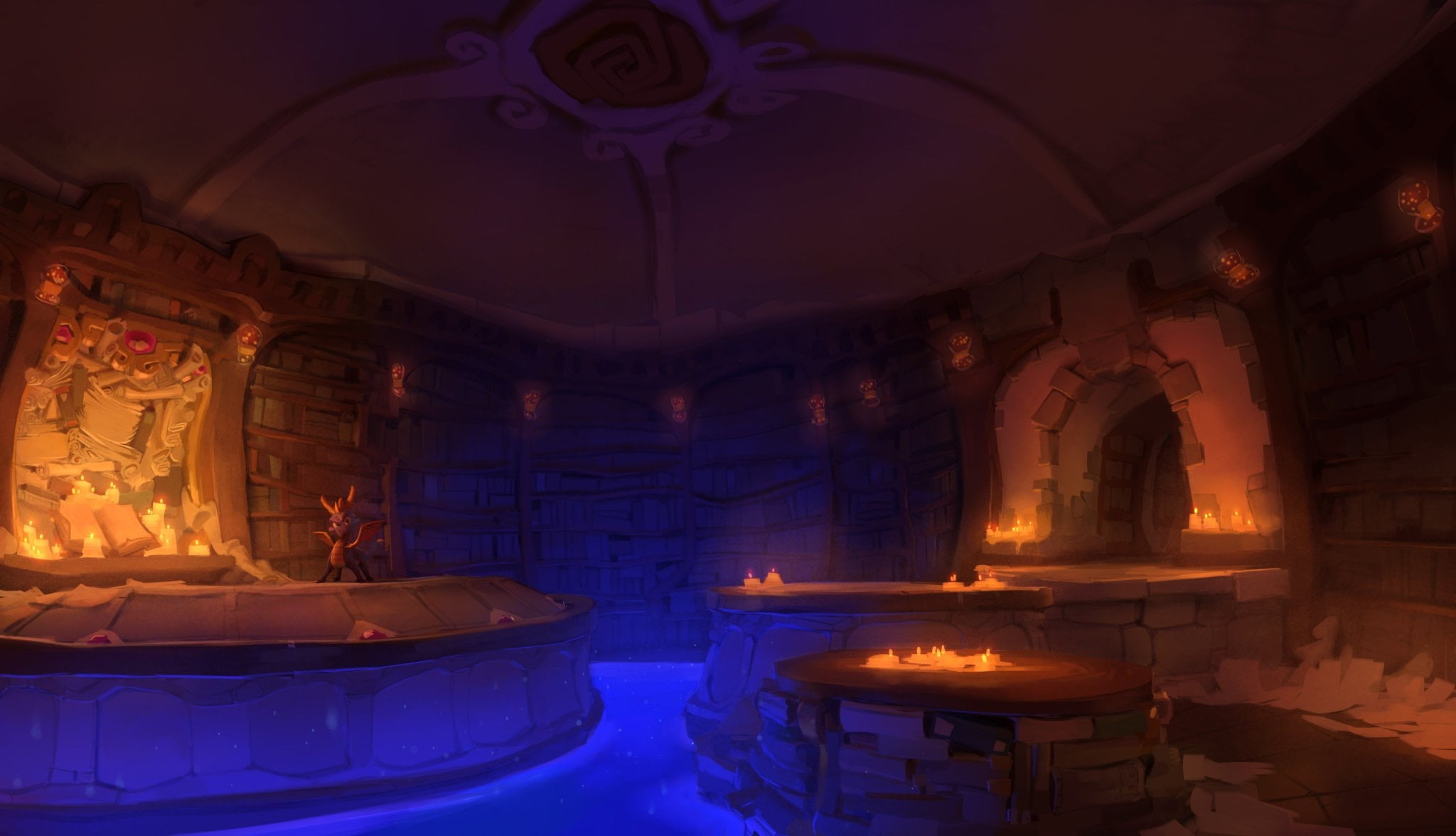 dragon, concept art, bookshelves, candles, video games, 1080P, Spyro, library, books, HD Wallpaper