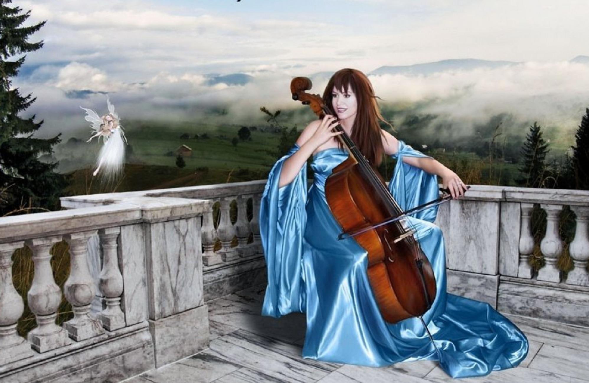 1080P, cellon, beautiful, melody, girl, blue, elegant, silk, brown, 3d and abstract, playing, female, dress, woman, visolin, music, painting, woma, HD Wallpaper