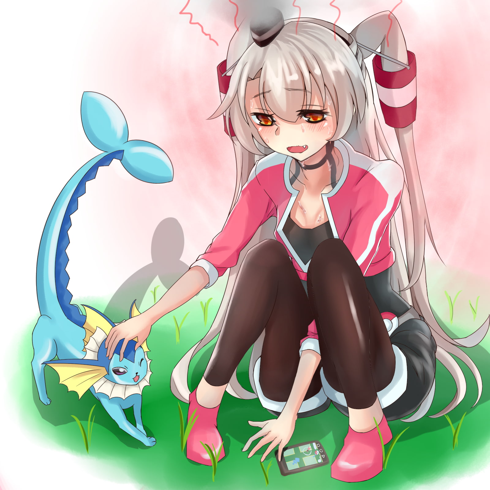 Pokemon Go, open shirt, 720P, anime, long hair, Pokémon, Kantai Collection, gray hair, Amatsukaze (Kancolle), Pokémon trainers, red eyes, grass, anime girls, Phone HD Wallpaper