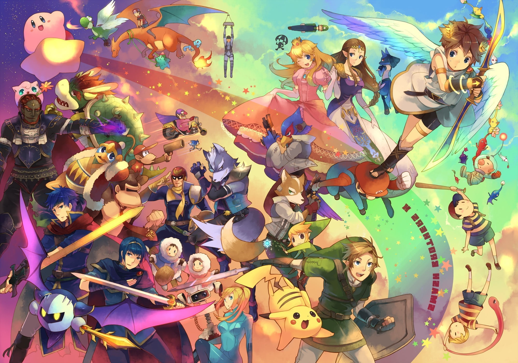 human representation, representation, real people, enjoyment, men, leisure activity, multi colored, lifestyles, music, creativity, child, super smash brothers link samus aran fox mccloud falco marth nintendo princess peach bowser pikachu zelda video games, HD Wallpaper