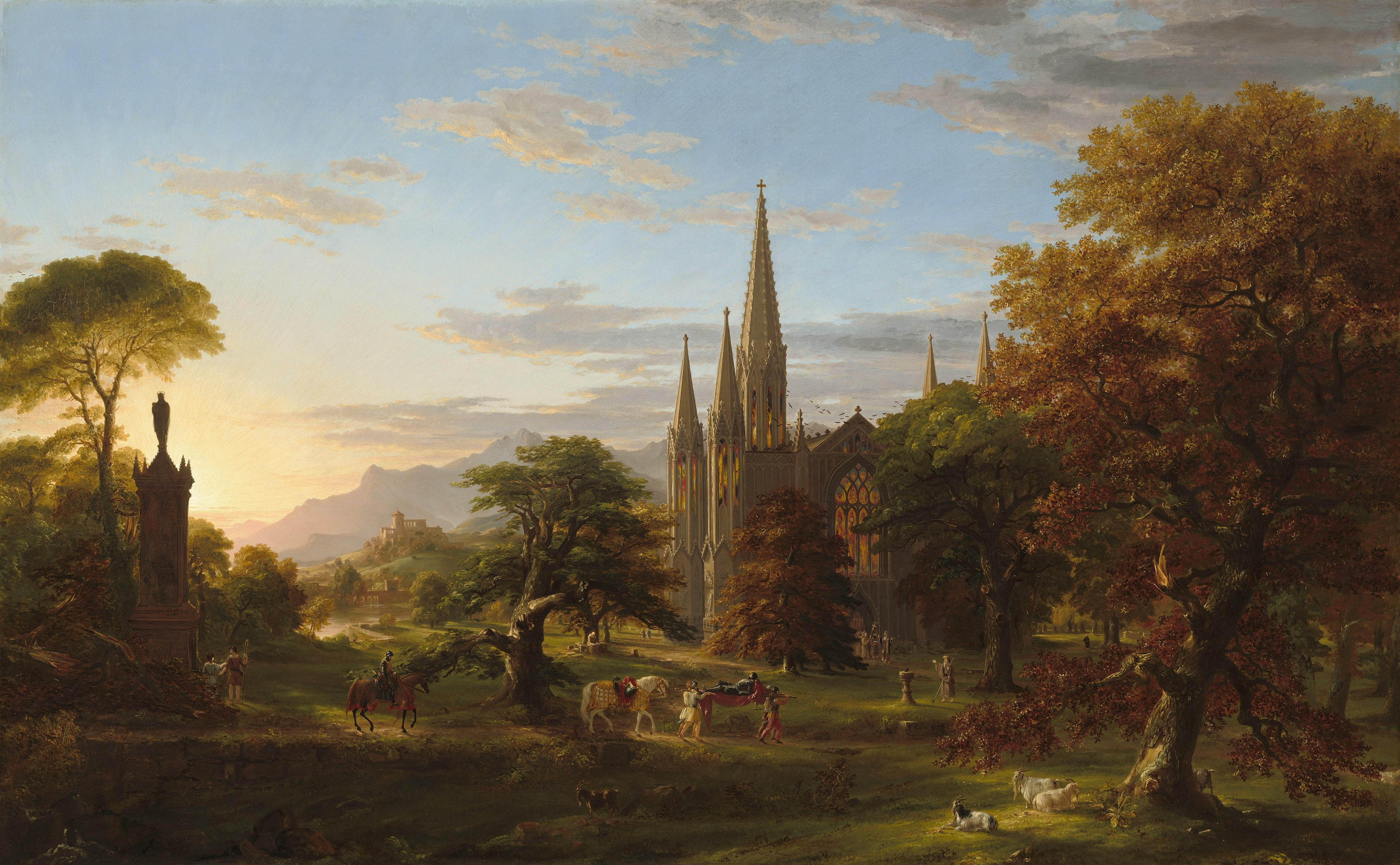 horse, clouds, knight, Trees, landscape, tower, painting, artwork, nature, Cathedral, Thomas Cole, 4K, forest, HD Wallpaper