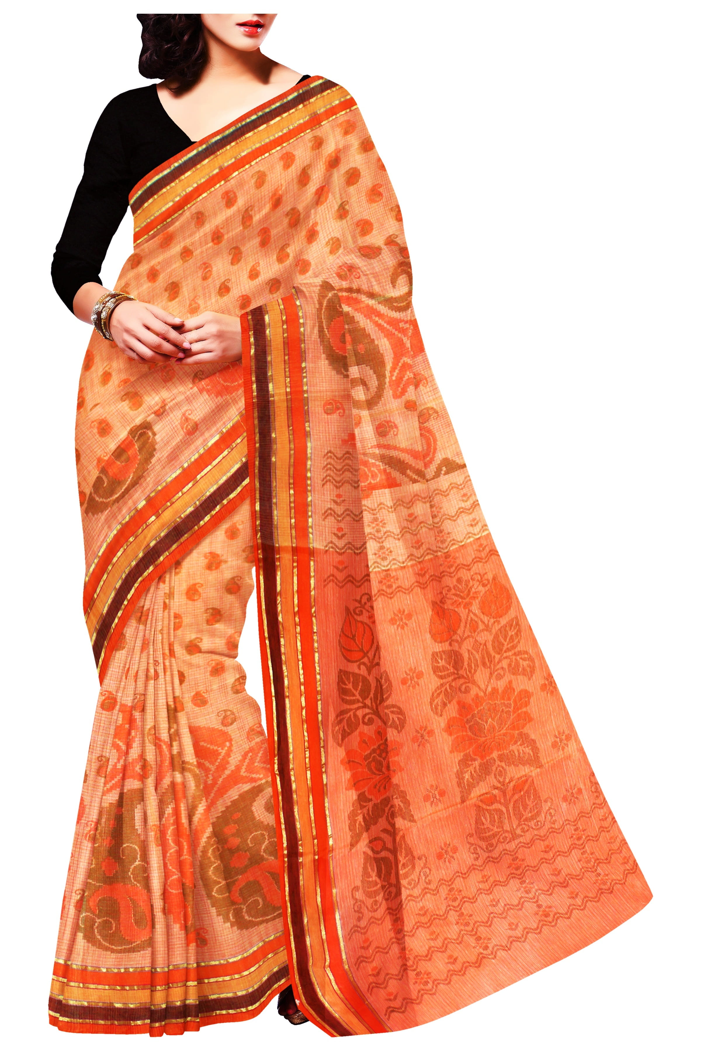 beauty, women, studio shot, lifestyles, standing, traditional clothing, ethnic, saree, indoors, fancy, midsection, orange, 2K, khaki, red, hand painted, Phone HD Wallpaper