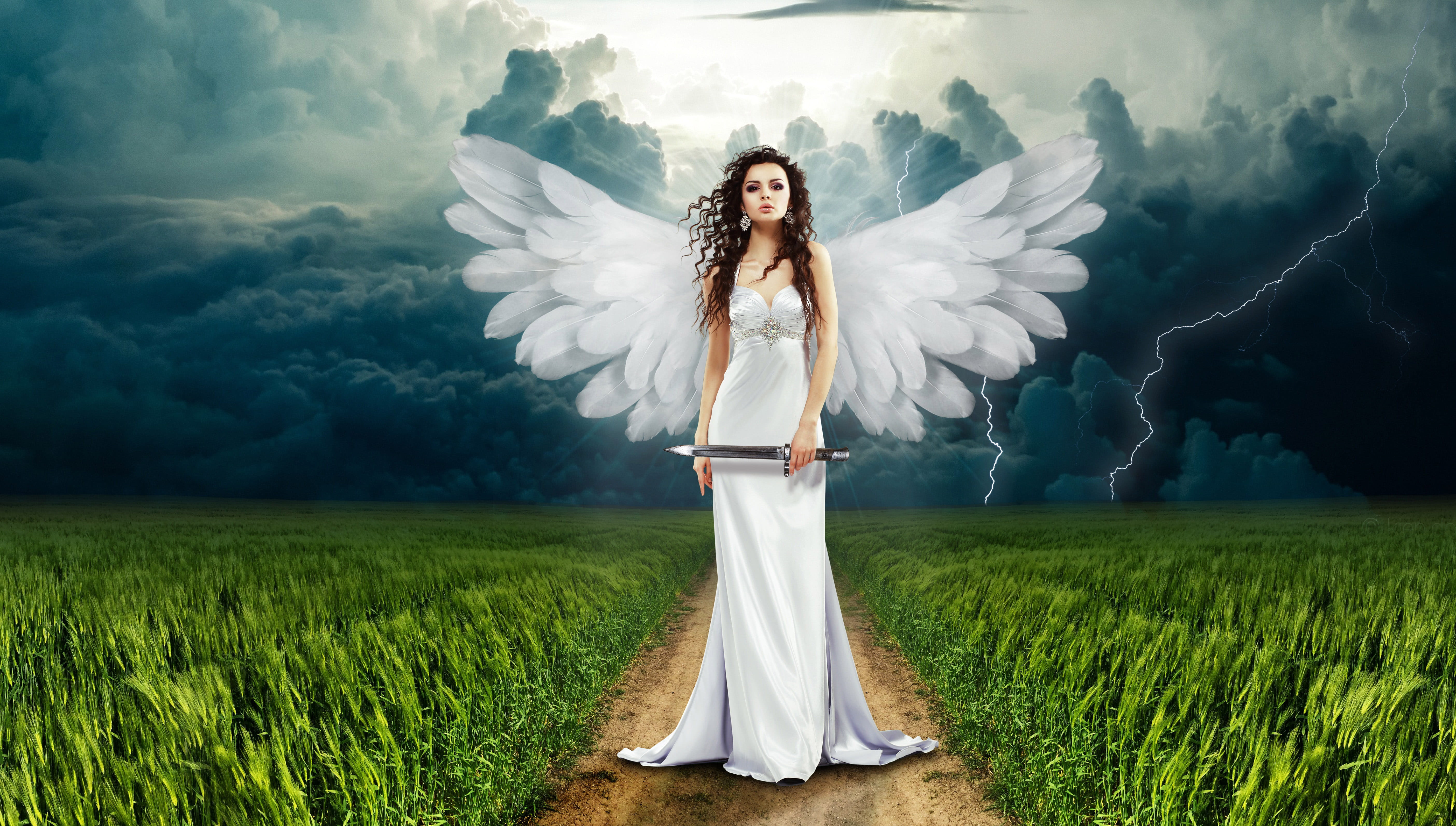 knife, adult, Angel, 5K, cute, summer, long hair, elegance, beauty, photos, women, one woman only, plant, fashion, clothing, clouds, standing, outdoors, HD Wallpaper