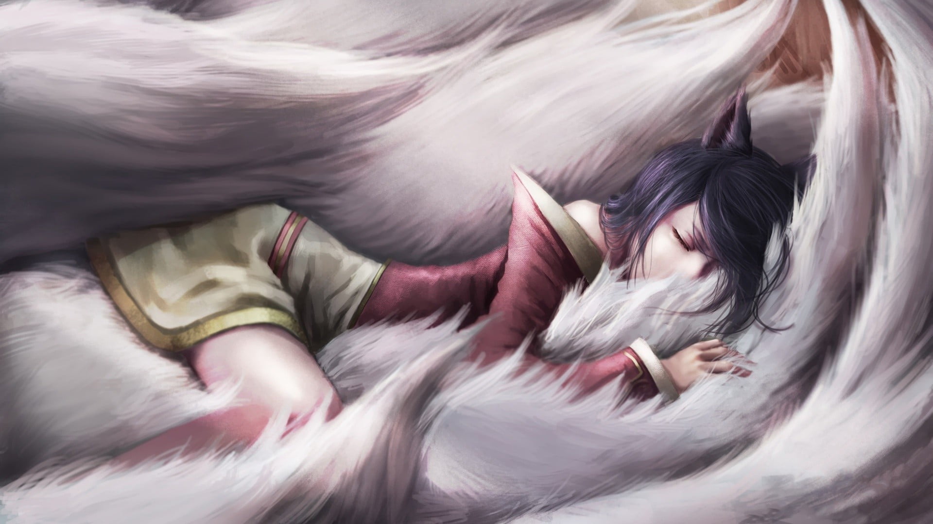 motion, adult, sleeping, one person, beautiful woman, hair, Ahri, 1080P, indoors, eyes closed, League of Legends, brown hair, hairstyle, emotion, women, HD Wallpaper