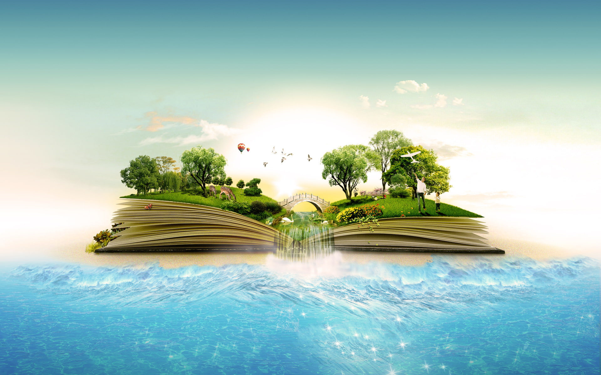 artistiv, sea, ocean, islands, nature, jungle, tropical, landscapes, forest, books, birds, surreal, 1080P, manipulation, water, waterfall, trees, HD Wallpaper