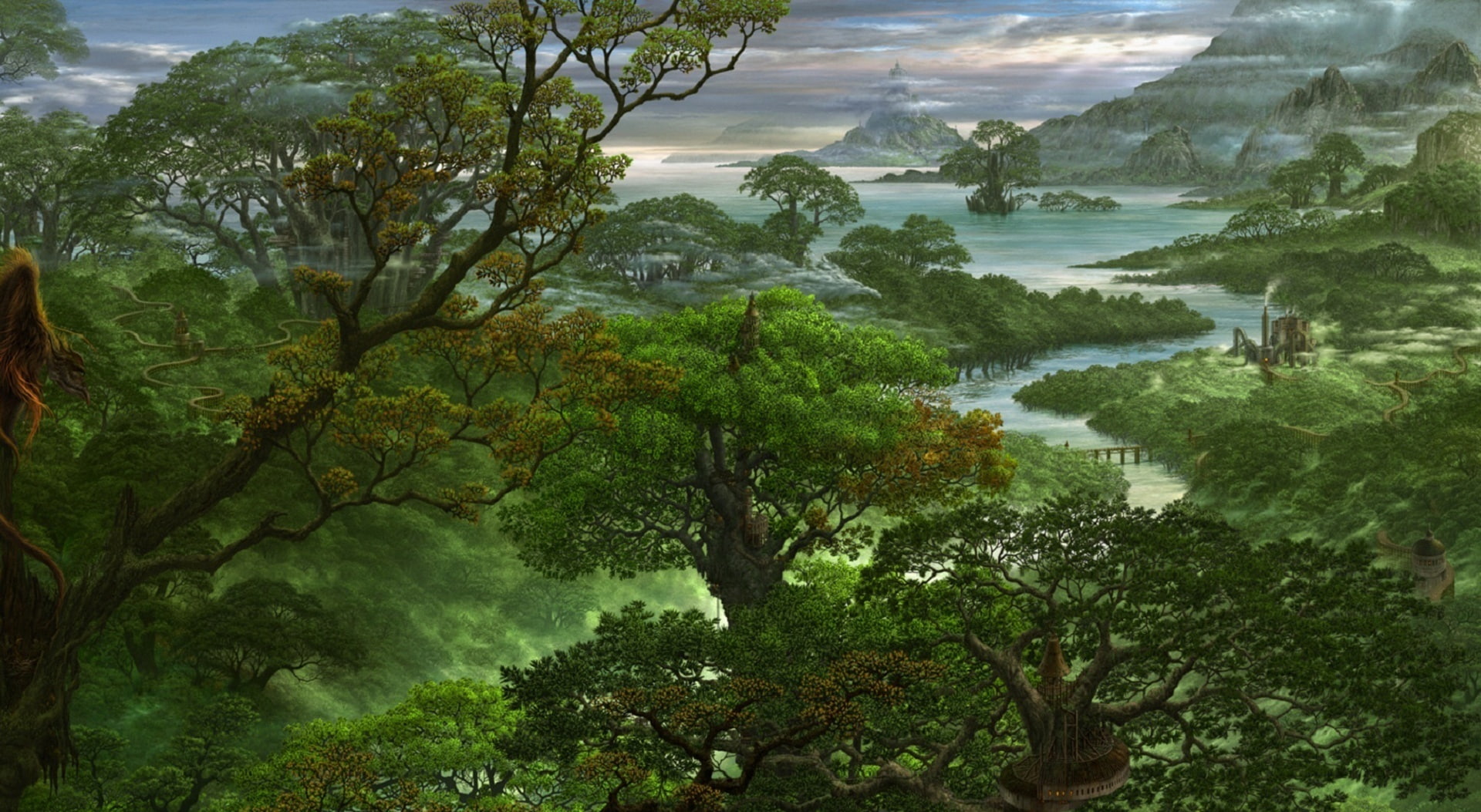 landscape, tranquility, Fantasy, green color, leafed, tree, tranquil scene, no people, outdoors, day, scenery, 1080P, non-urban scene, green, art, scenics - nature, HD Wallpaper