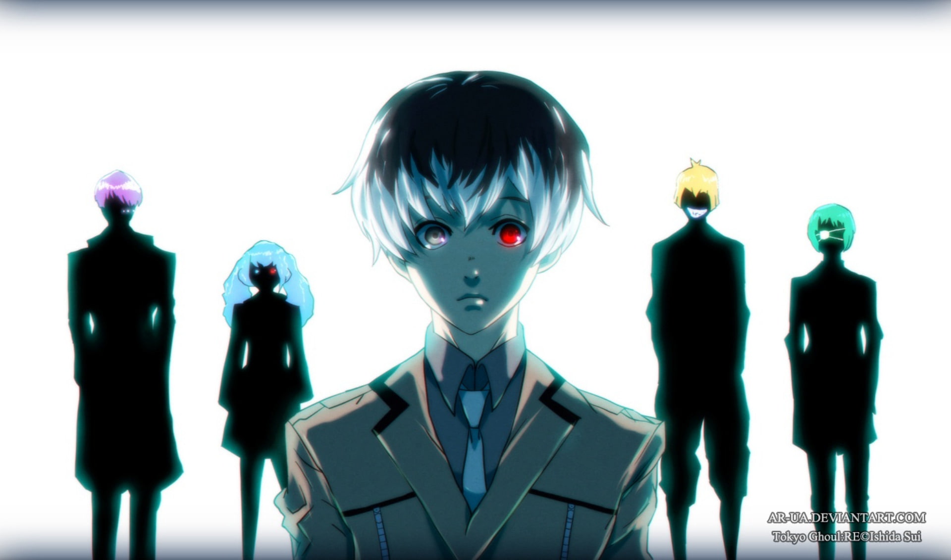 Blue Hair, Anime, Heterochromia, Purple Hair, Eye Patch, Kuki Urie, Tie, 1080P, Smile, Tokyo Ghoul, Boy, Girl, Long Hair, Saiko Yonebayashi, Ken Kaneki, HD Wallpaper
