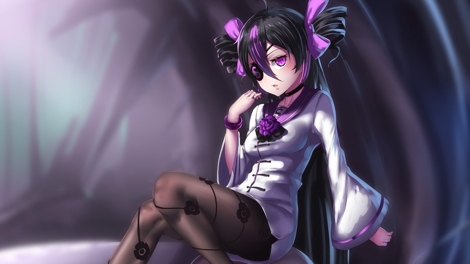 White Dress, Purple Eyes, 1080P, Sitting, Eye Patch, Two-Toned Hair, Girl, Pantyhose, Anime, Long Hair, Original, Original (Anime), Collar, bow (Clothing), HD Wallpaper