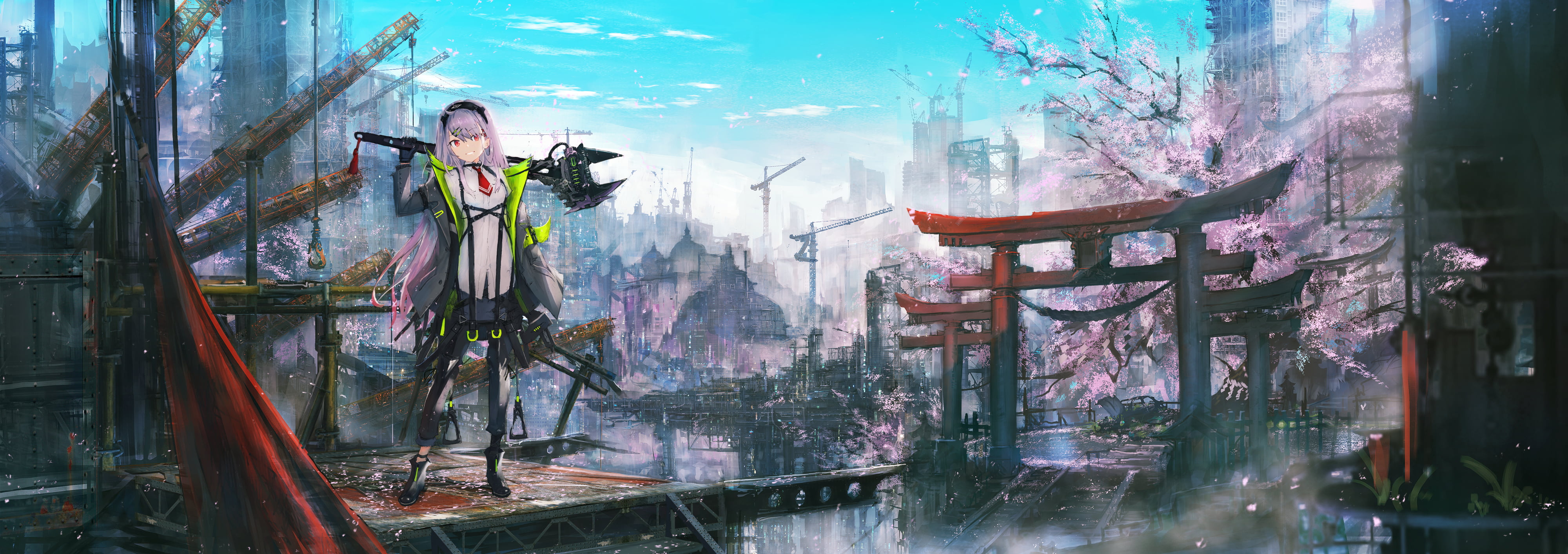 Grey Hair, Wrench, 4K, Girl, Original, Cherry Blossom, Long Hair, Pink Hair, Two-Toned Hair, Red Eyes, Anime, HD Wallpaper