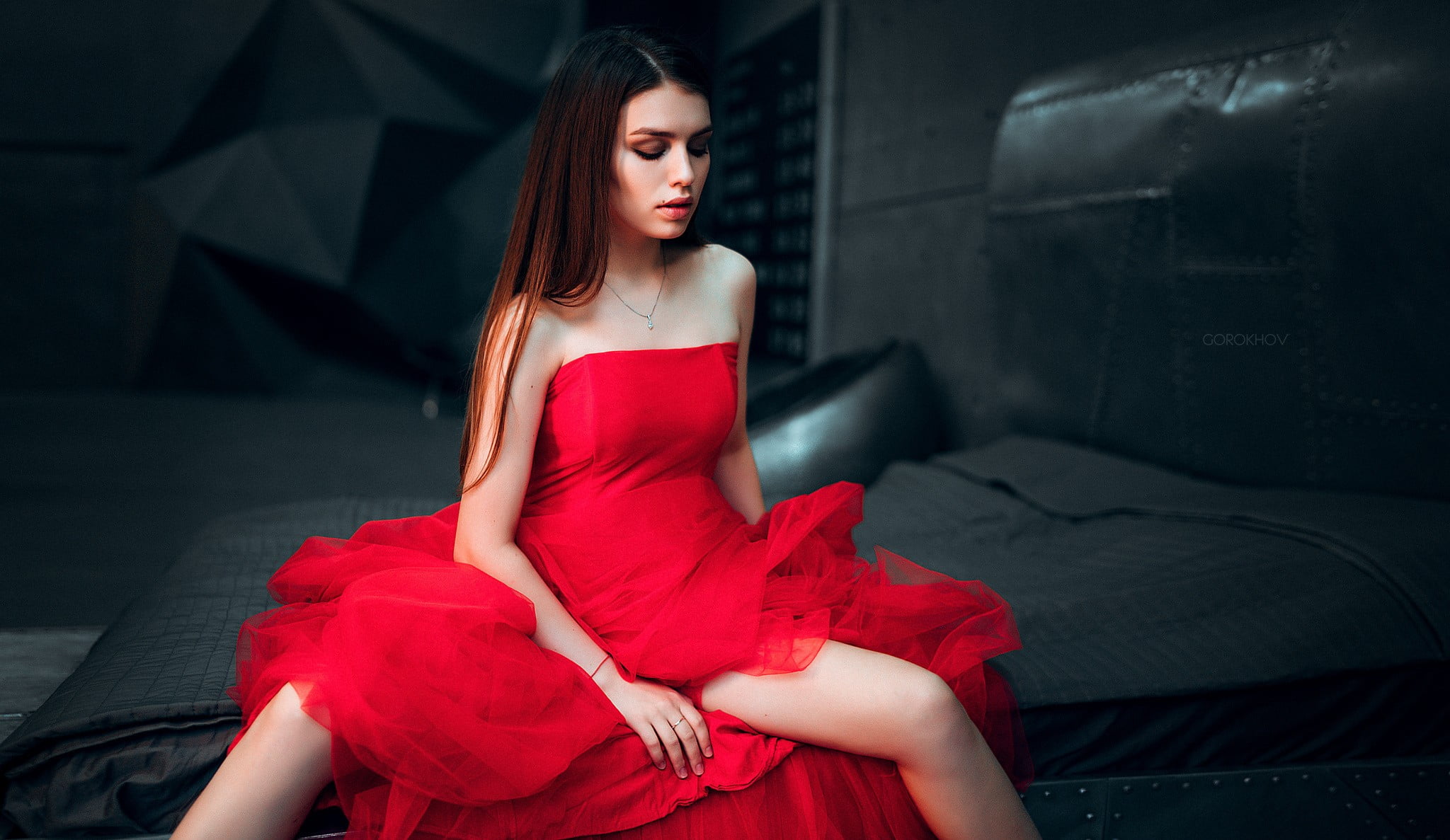 closed eyes, fashion model, young adult, hairstyle, Maria Way, fashion, hair, long hair, legs, glamour, brunette, red, formalwear, bare shoulders, luxury, HD Wallpaper