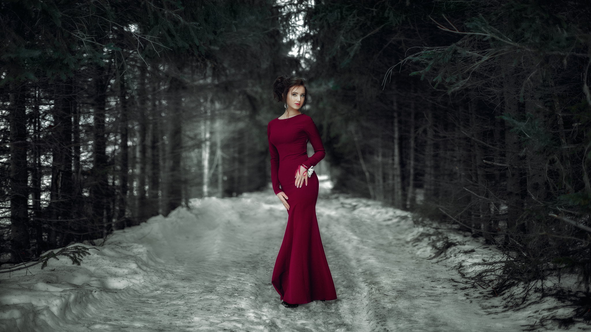 standing, tree, winter, beautiful woman, women outdoors, adult, one person, evening gown, hairstyle, looking at camera, red dress, red, 1080P, forest, HD Wallpaper