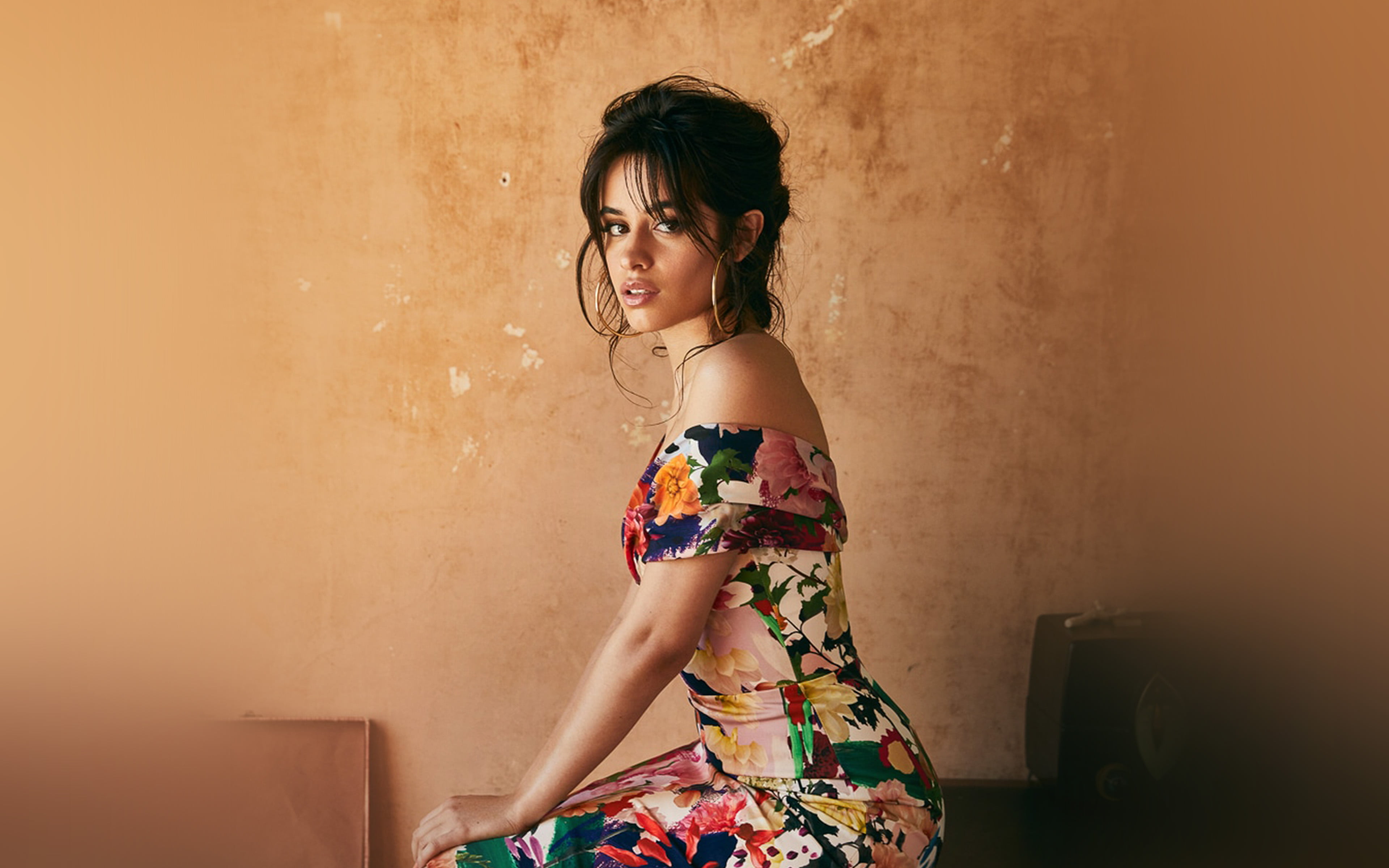 beautiful woman, camila, one person, indoors, clothing, women, standing, fashion, long hair, hairstyle, floral pattern, wall - building feature, cabello, HD Wallpaper