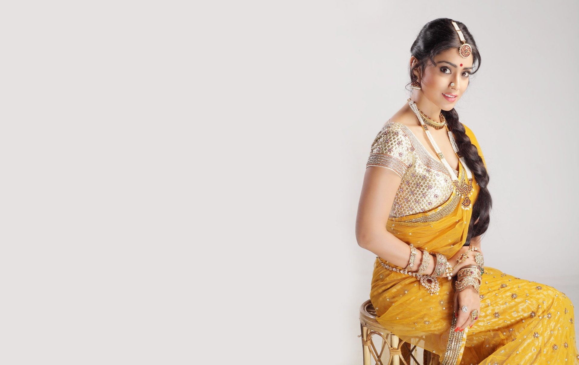 young women, young adult, copy space, sari, portrait, standing, clothing, hairstyle, one person, Shriya Saran, beautiful woman, women, looking at camera, HD Wallpaper