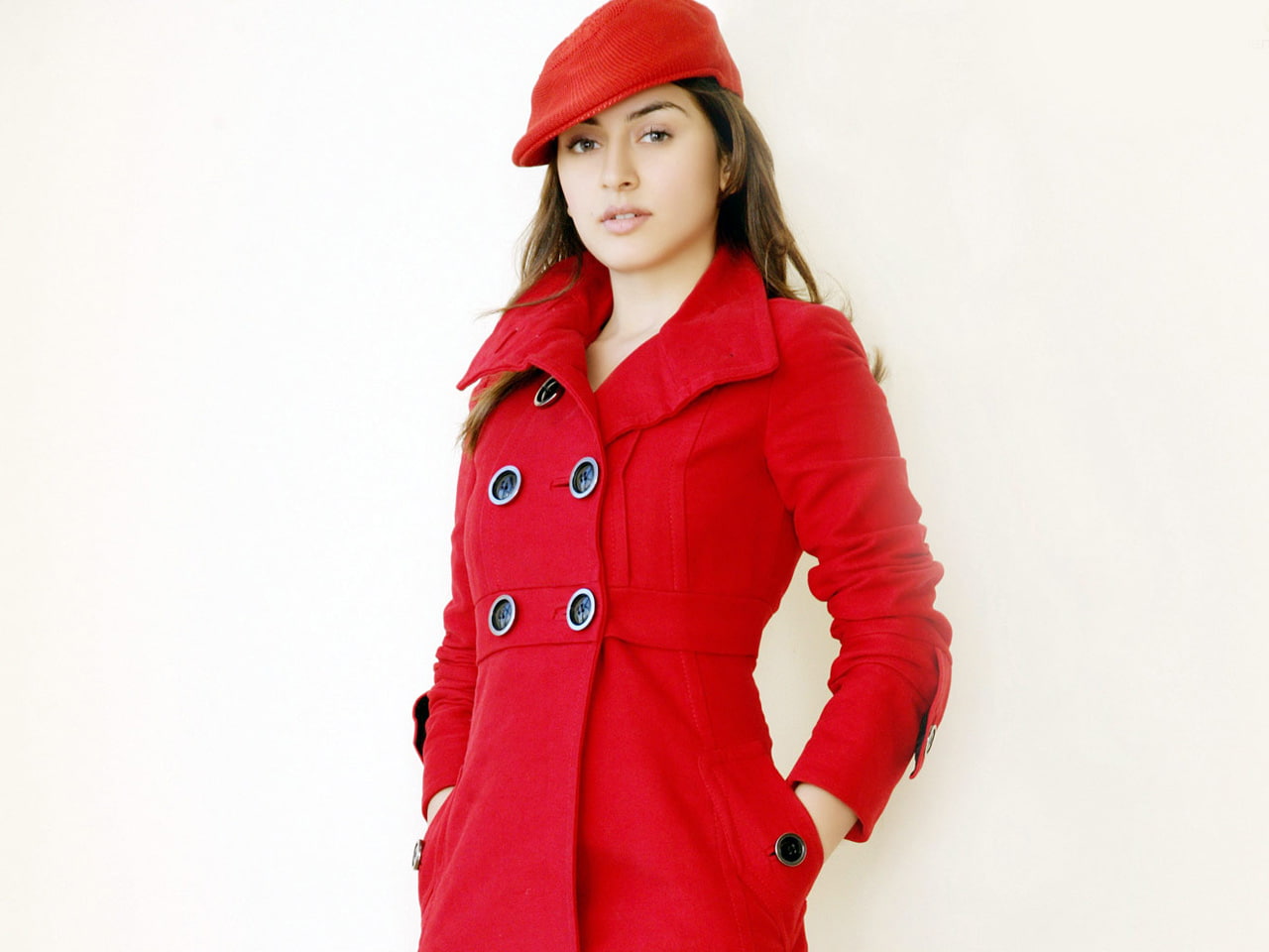 red, motwani, 720P, hansika, trench, hd, coat, HD Wallpaper