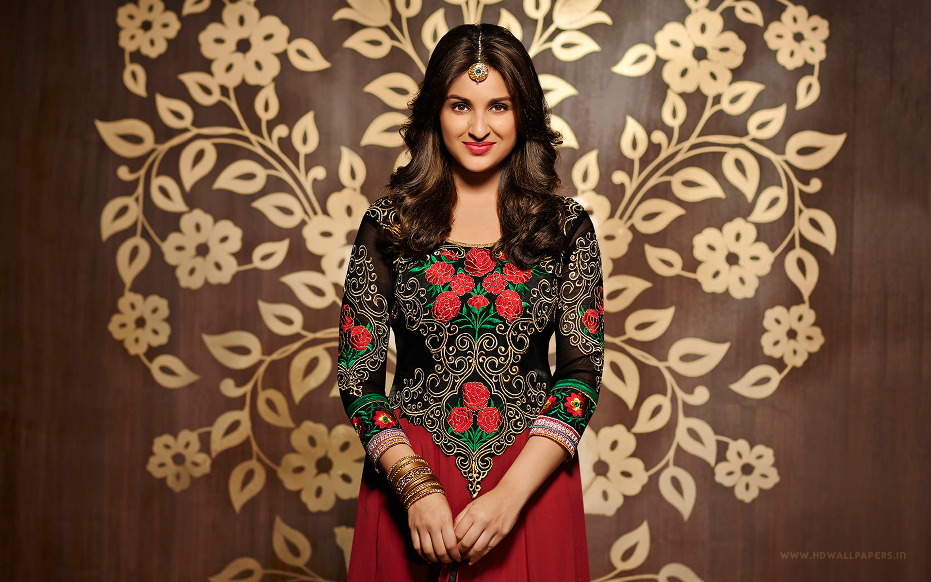 clothing, portrait, women, hair, indoors, adult, long hair, beauty, floral pattern, beautiful woman, Parineeti, Chopra, pattern, one person, fashion, standing, HD Wallpaper
