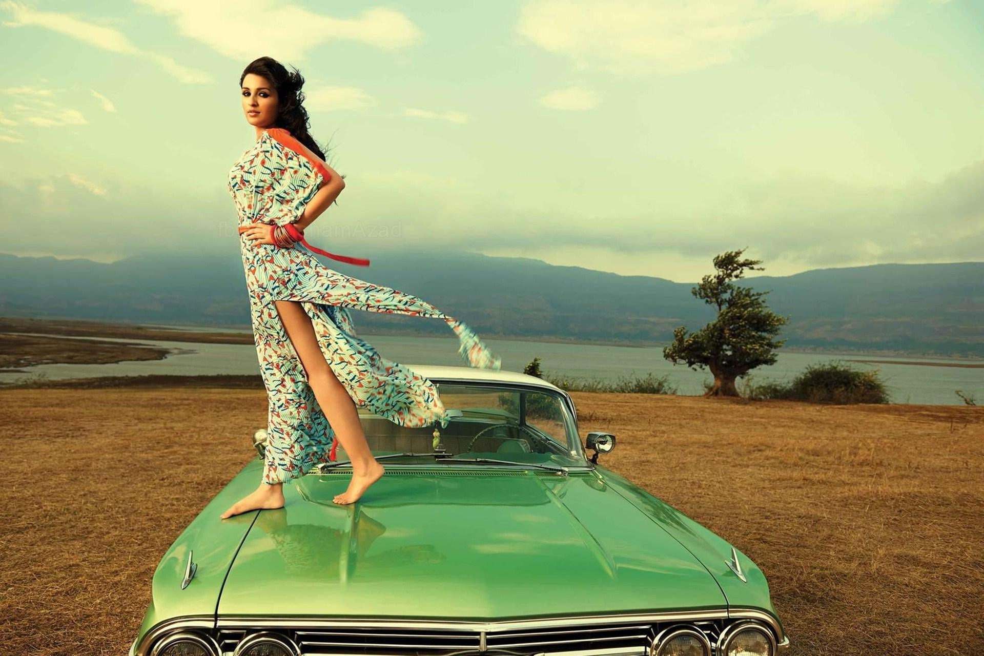 adult, car, women, beautiful woman, females, young adult, mode of transportation, land vehicle, motor vehicle, nature, parineeti chopra, day, standing, HD Wallpaper
