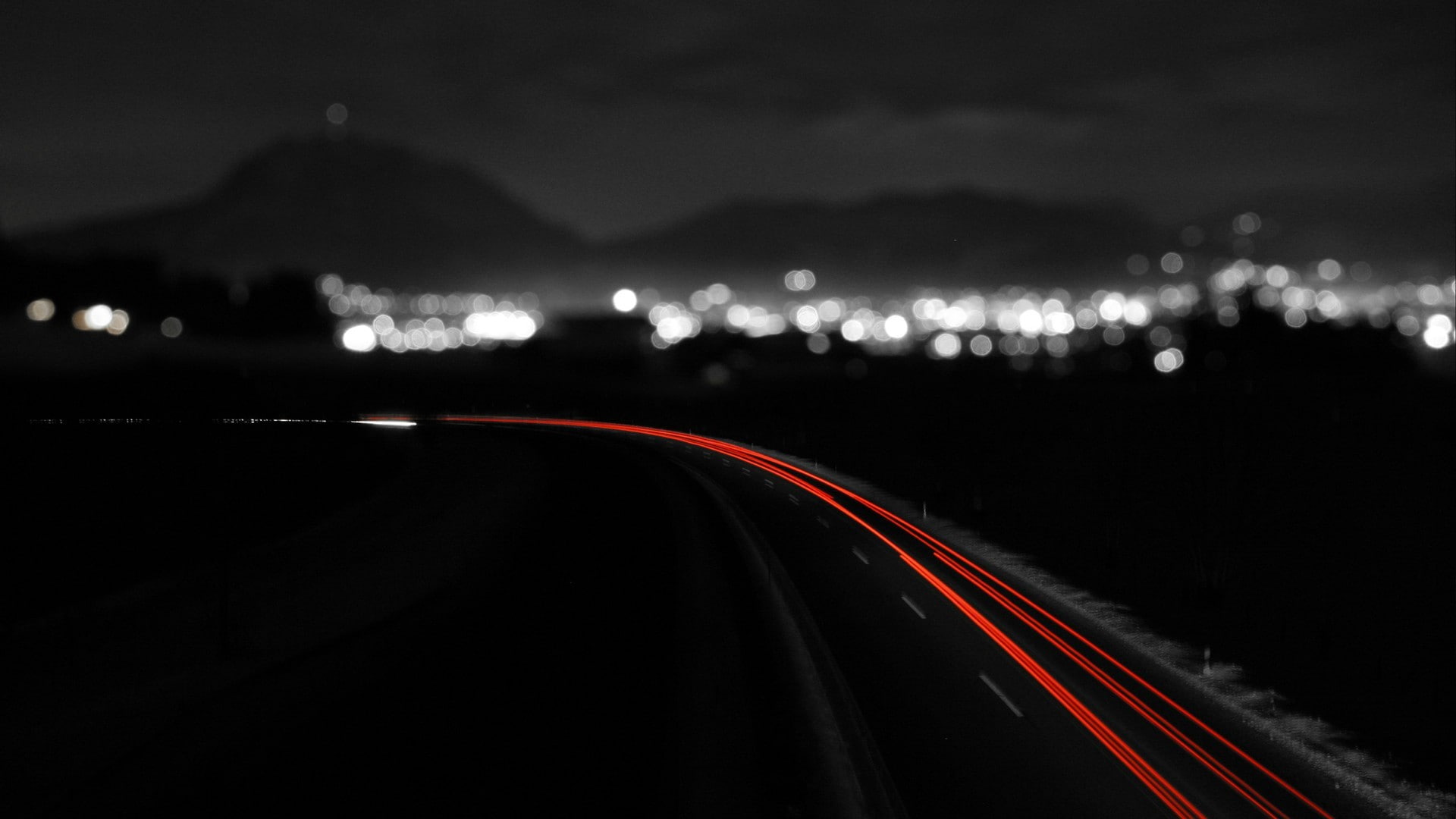 direction, light trail, selective coloring, lights, dividing line, traffic, motor vehicle, dark, tail light, city life, car, 1080P, motion, highway, multiple lane highway, HD Wallpaper