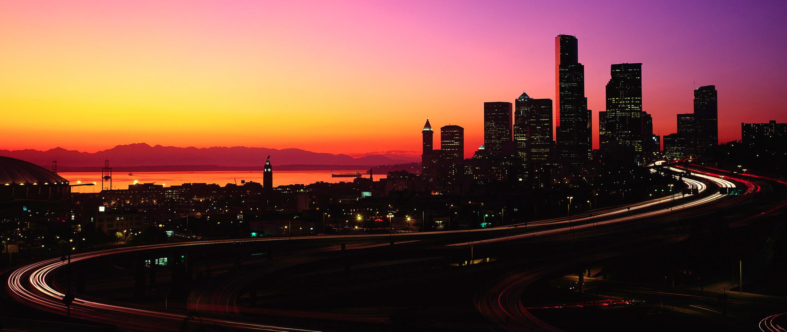 city, urban skyline, traffic, untitled, sky, light trail, no people, modern, road, landscape, sunset, 2K, office building exterior, long exposure, architecture, HD Wallpaper
