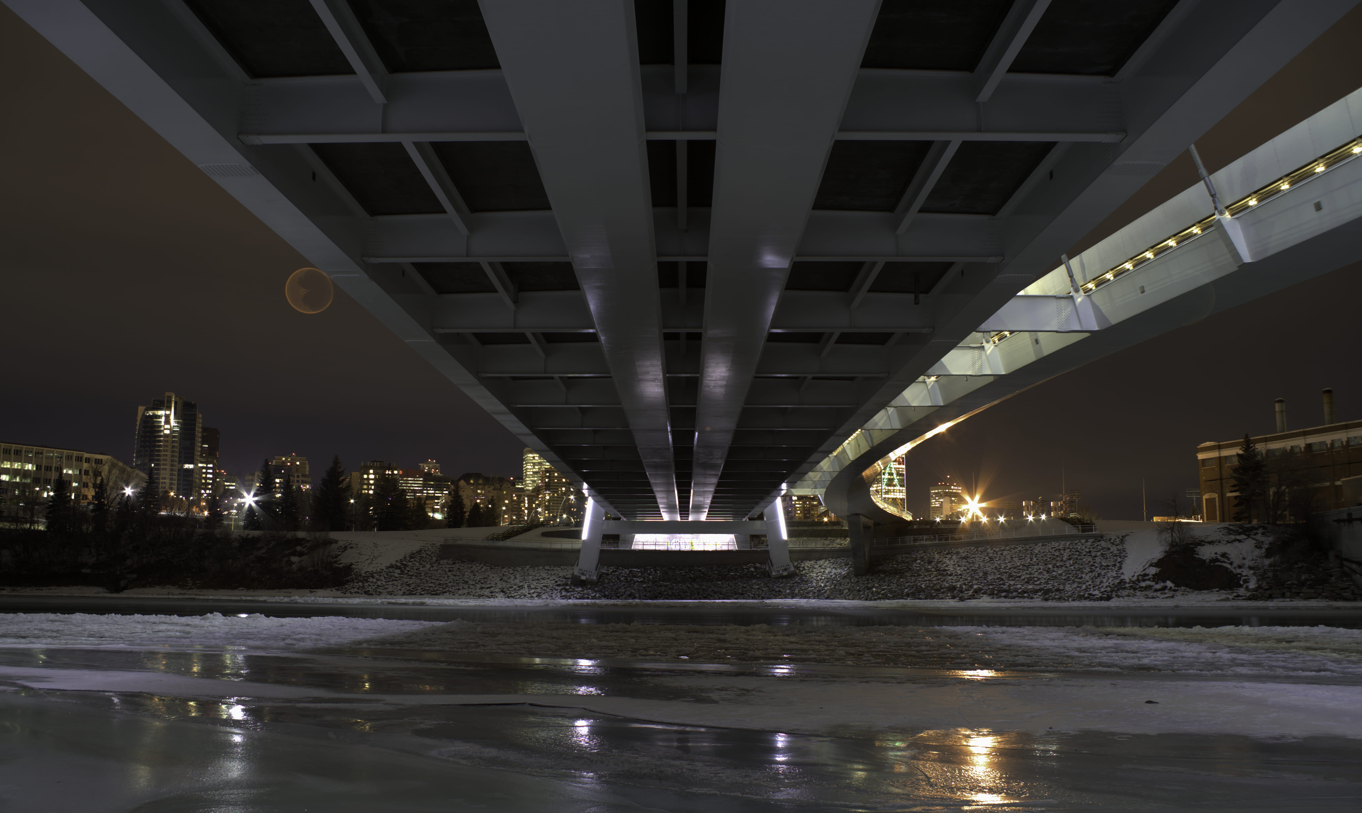 underneath, lighting equipment, downtown, edmonton, lighttrails, transportation, reflection, walterdale, lights, waterfront, architecture, built structure, HD Wallpaper