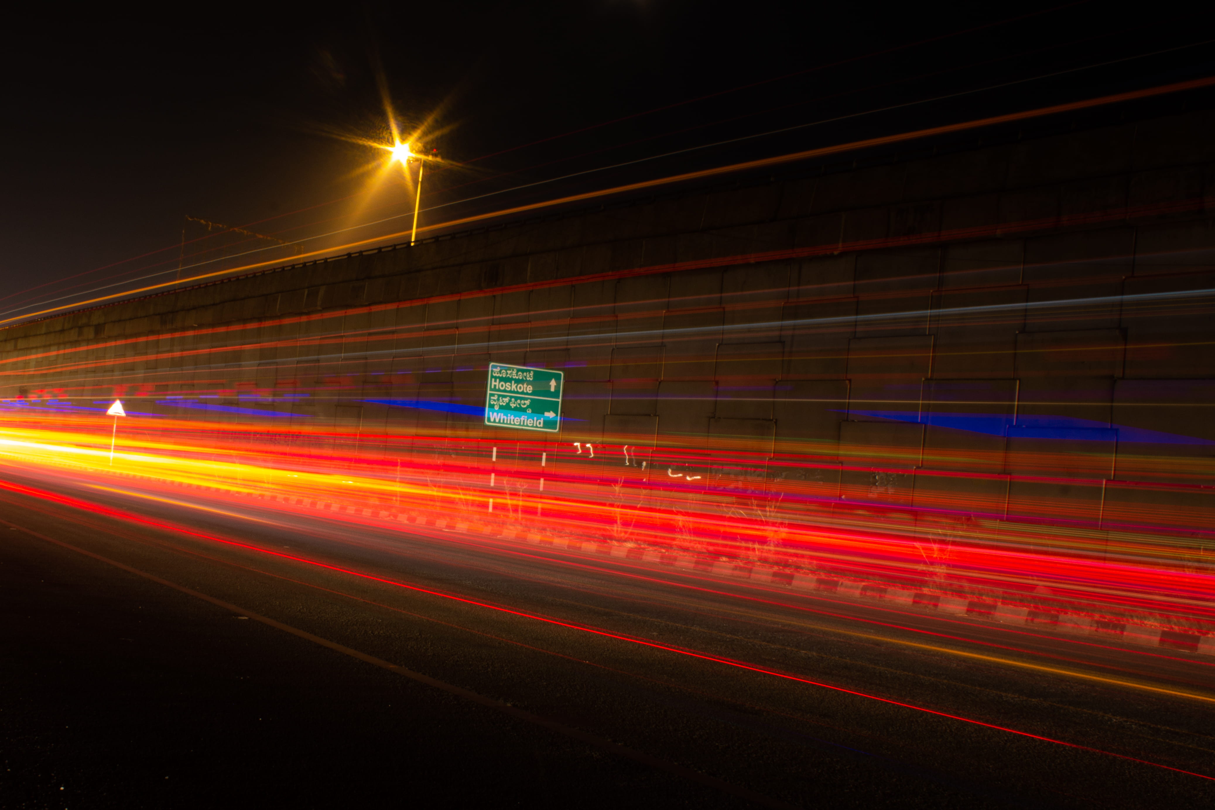 transportation, outdoors, asphalt, neon, no people, urban, multi colored, 4K, traffic light, light - natural phenomenon, illuminated, red, blurred motion, HD Wallpaper