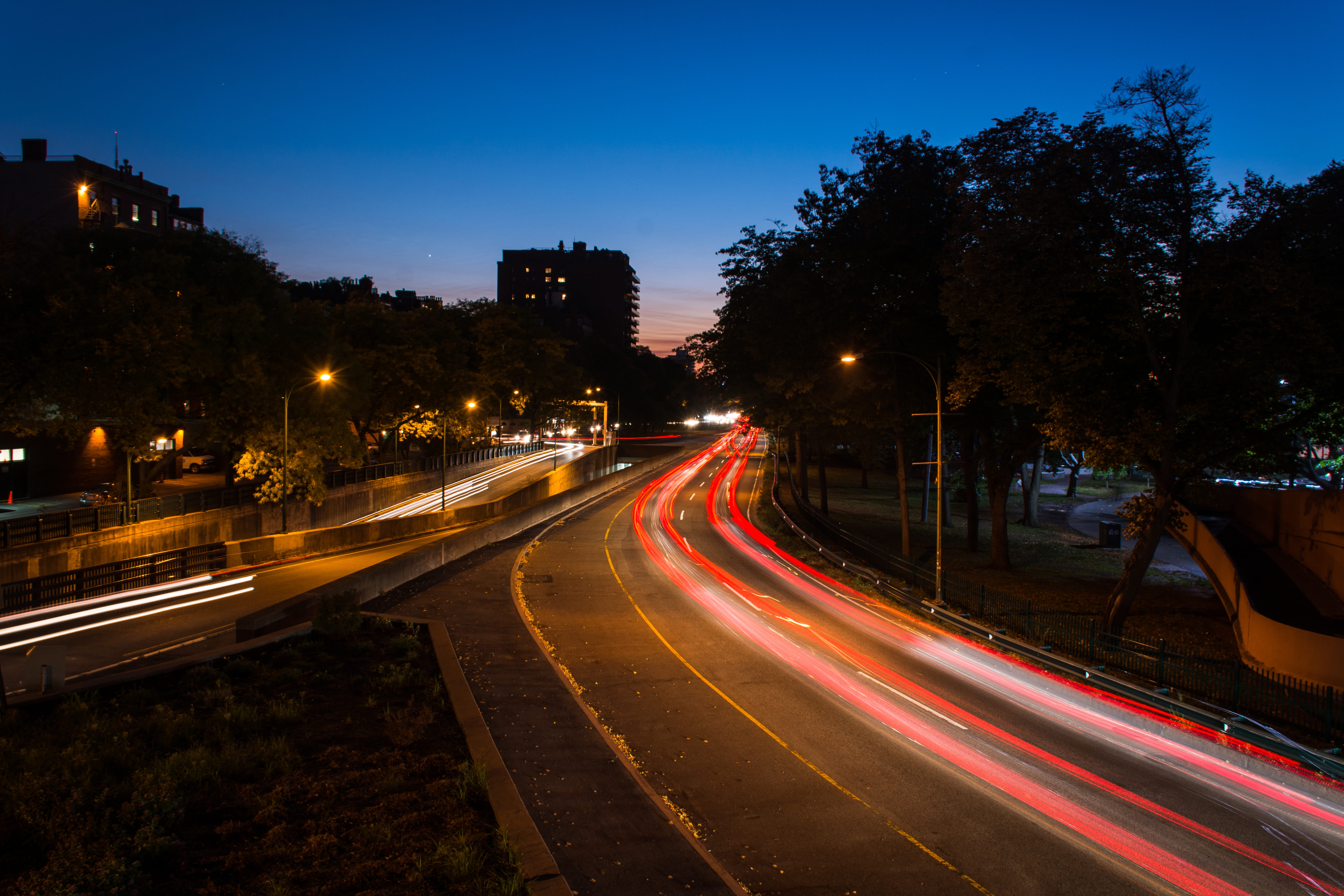 bluhour, traffic, illuminated, architecture, 5K, night, speed, sky, city, built structure, street, outdoors, transportation, united states, city life, HD Wallpaper