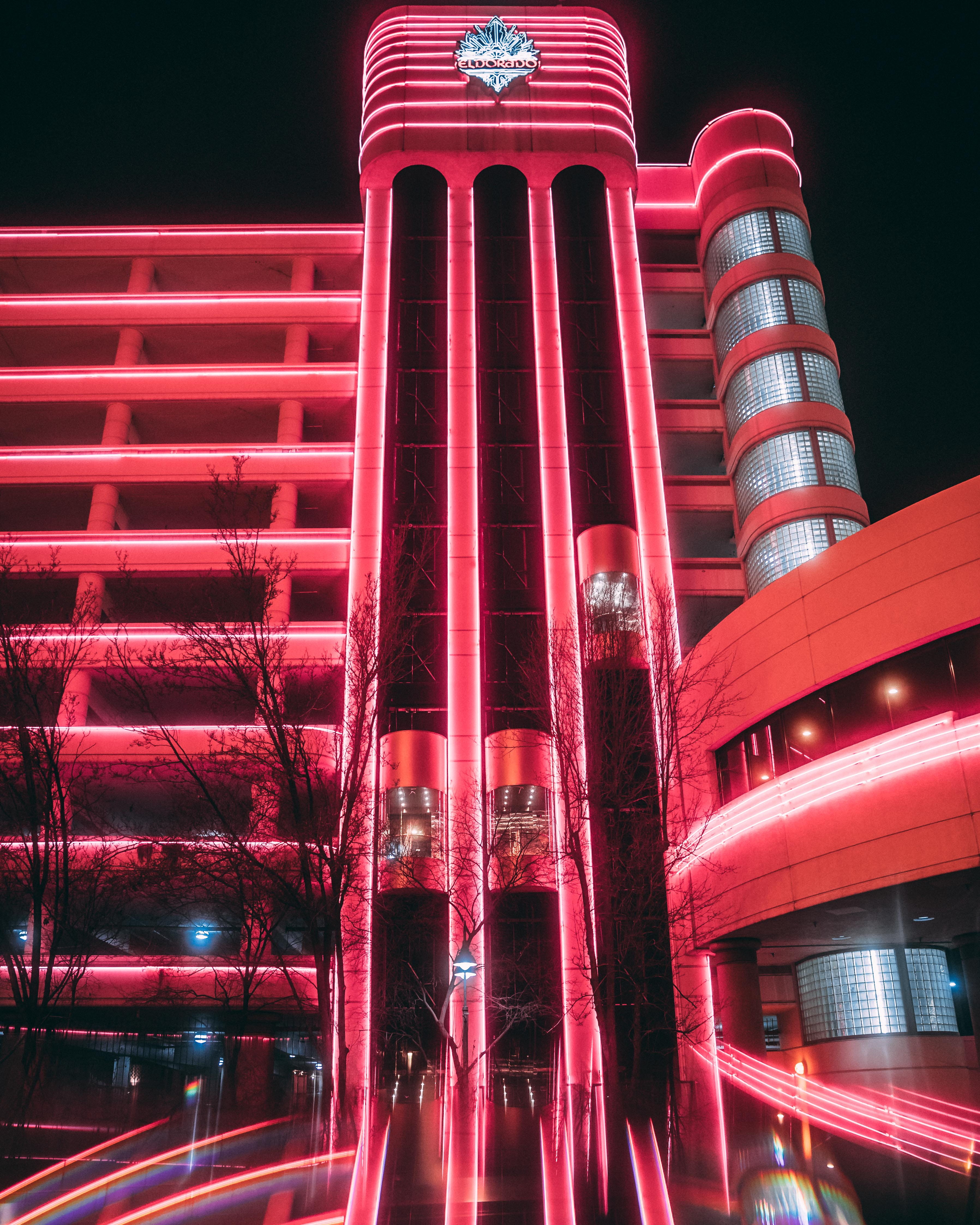 #tron, downtown, #prism, travel, glowing, town, tourism, red, built structure, office building, building, illuminated, city, urban, #nightphotography, #lightbike, Phone HD Wallpaper