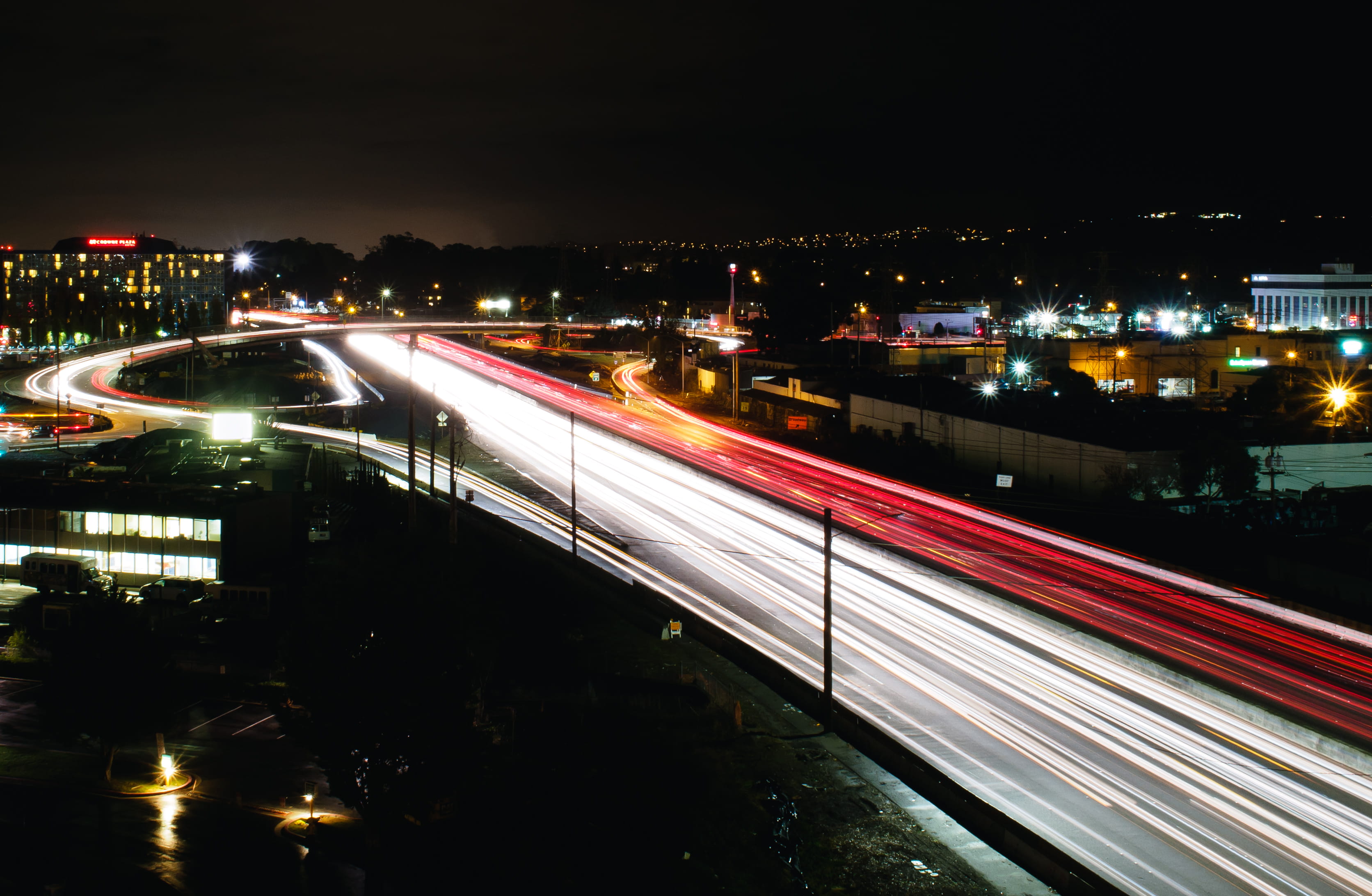 buildings, nature, city life, street, cars, blurred motion, onramp, vehicle light, united states, dark, high angle view, light trail, traffic, lights, view, HD Wallpaper