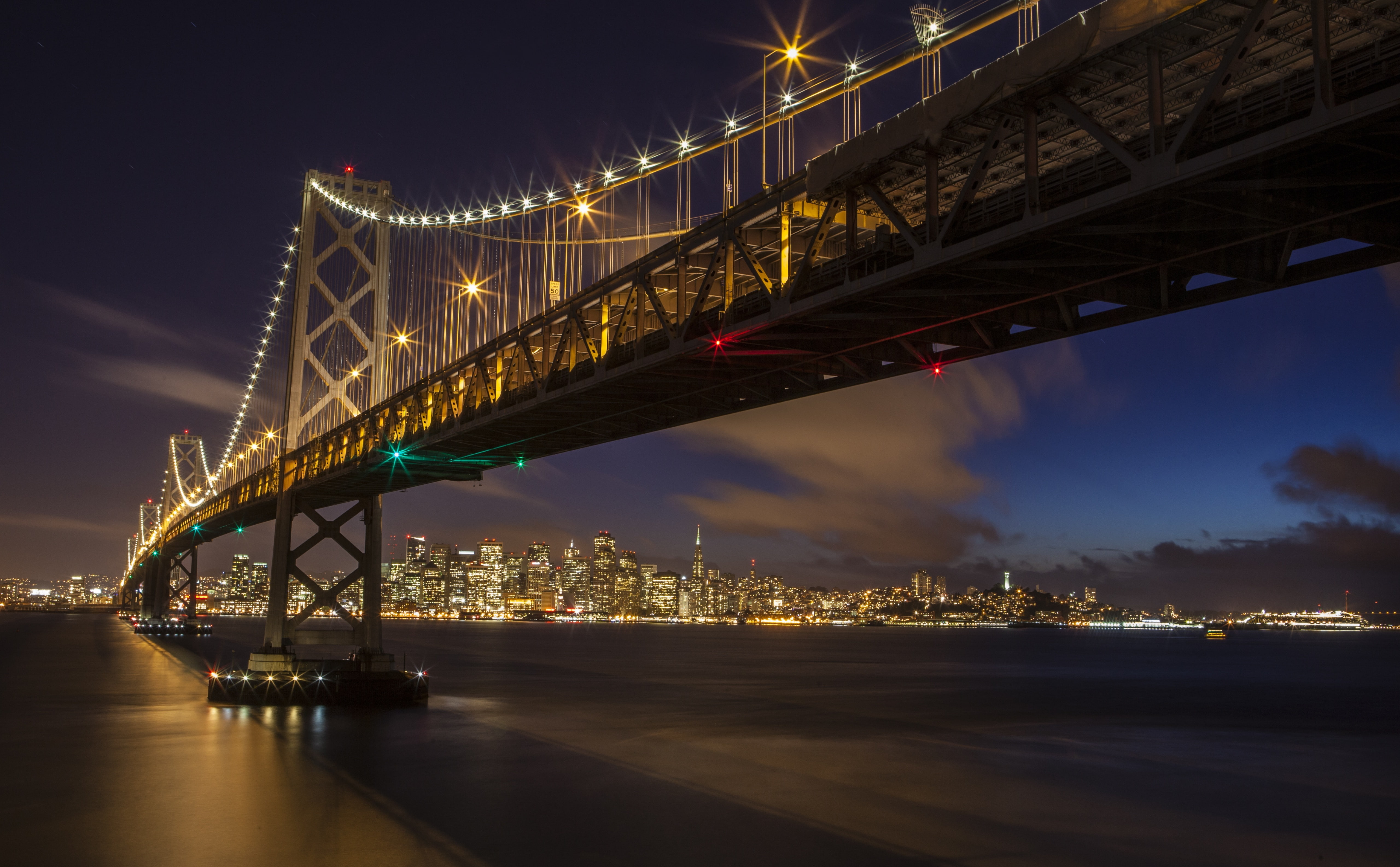 outdoors, sanfrancisco, bay, river, light, SanFranciscoOaklandBayBridge, Lights, illuminated, baybridge, Buildings, Oakland, Night, sky, san, cloud - sky, HD Wallpaper