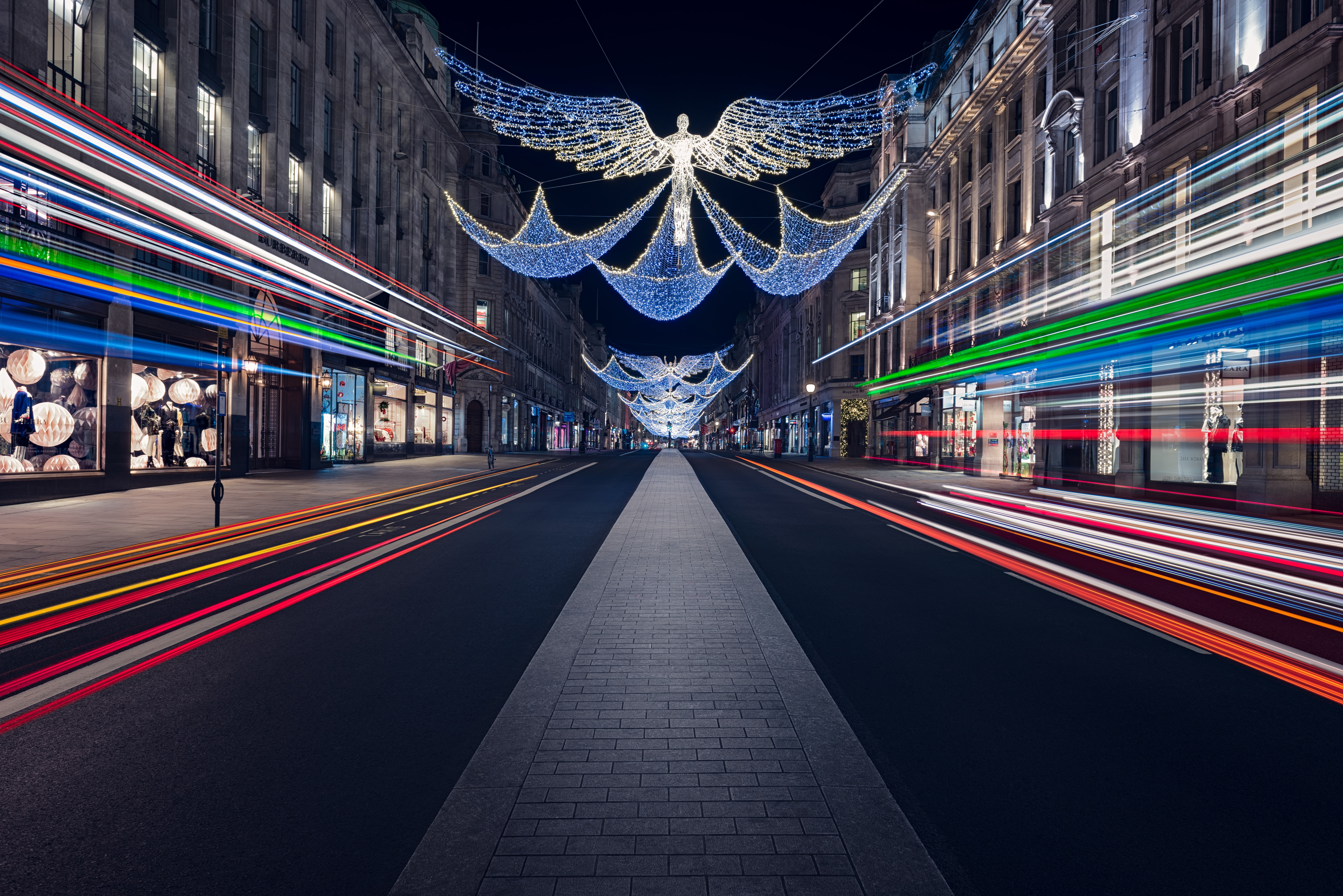 road, Britain, lights, christmas, decorations, architecture, symmetrical, travel, Regent Street, traffic, 5K, angels, city, lighttrails, London, street, HD Wallpaper