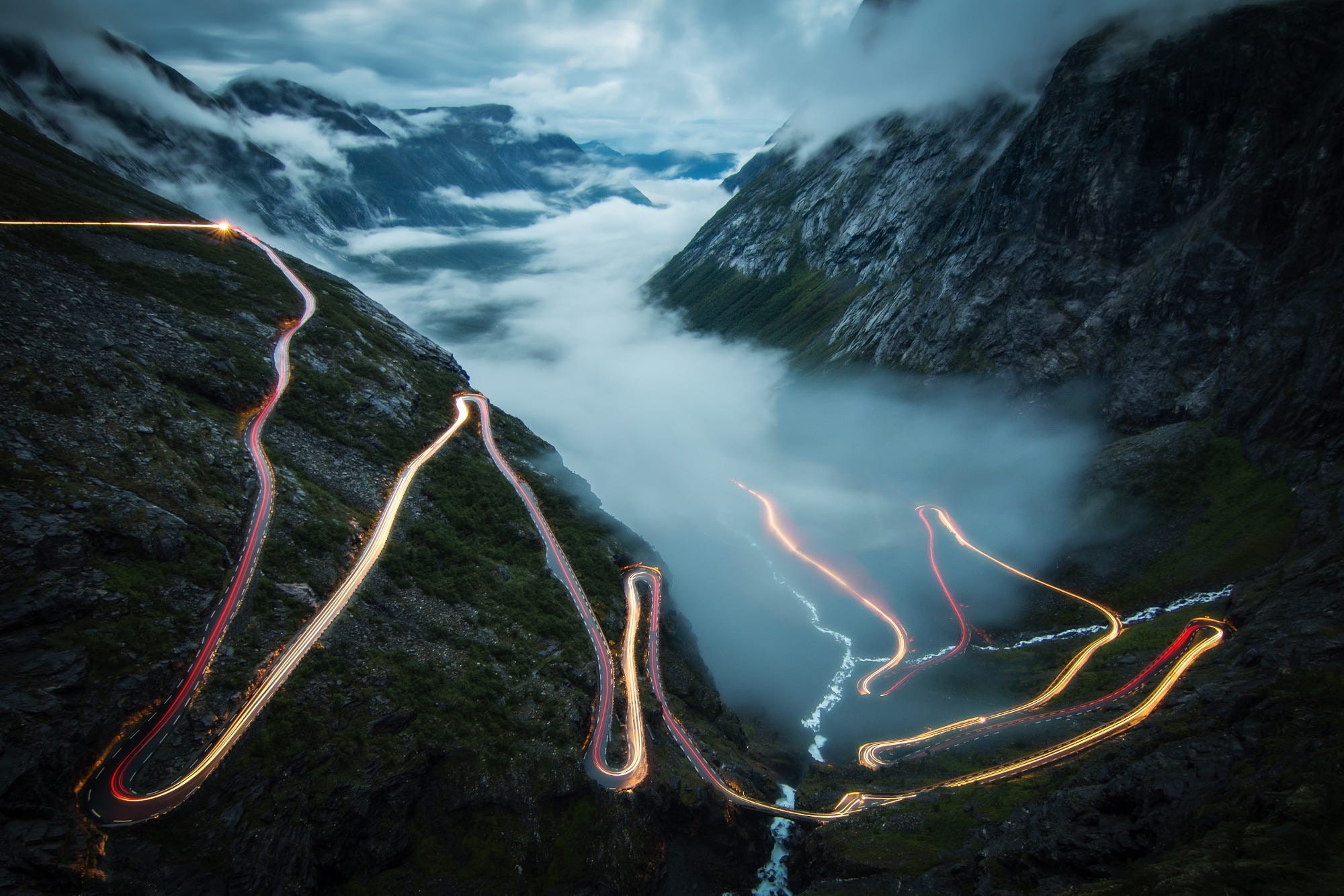 tourism trollstigen mist mountains blue night lights europe norway lighttrail, 1080P, HD Wallpaper