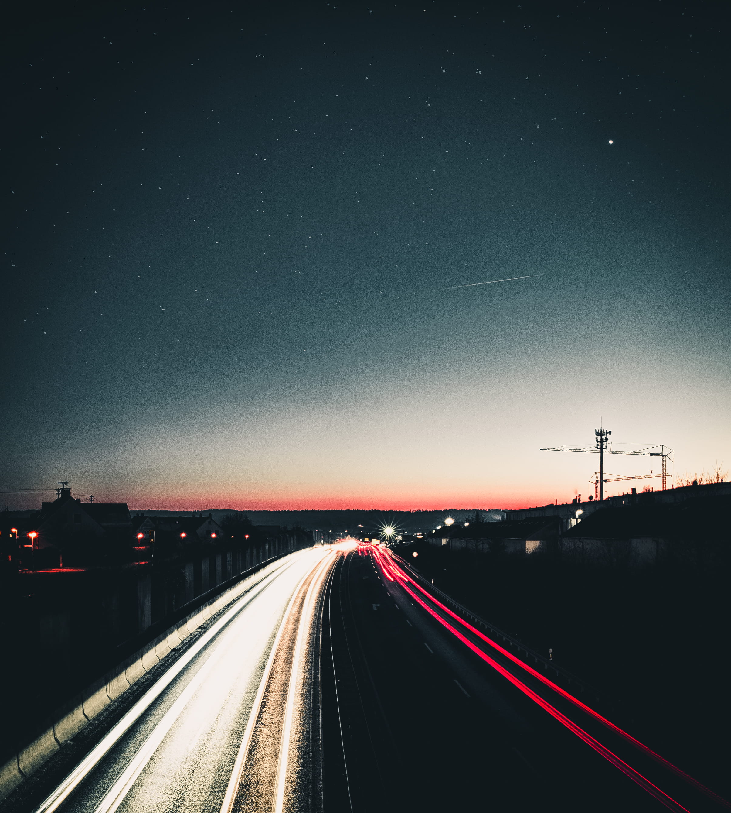 light trail, the way forward, sunset, car, no people, architecture, 2K, dusk, fast, light, dark, star, sky, lighttrail, astronomy, long exposure, evening, Phone HD Wallpaper
