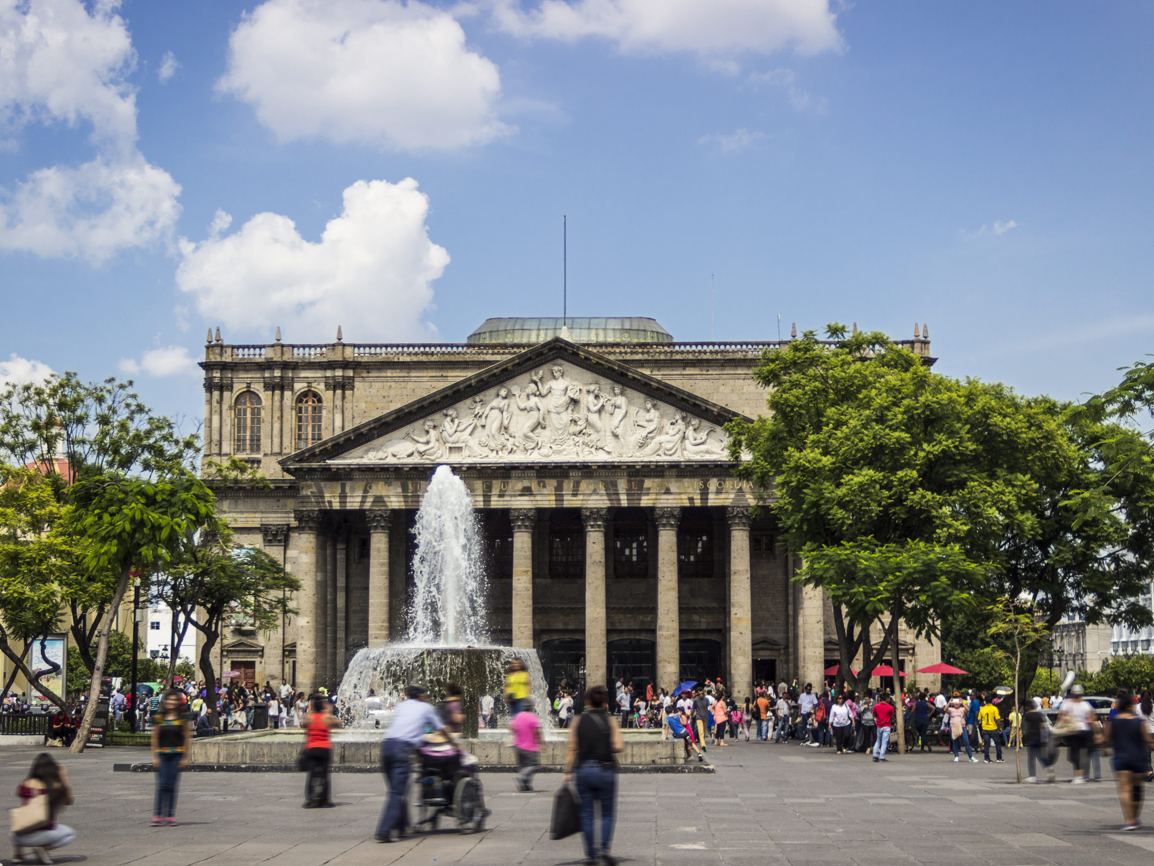 lifestyles, downtown, men, adult, history, mexico, teather, ancient civilization, large group of people, teatro degollado, sky, museum, architectural column, HD Wallpaper