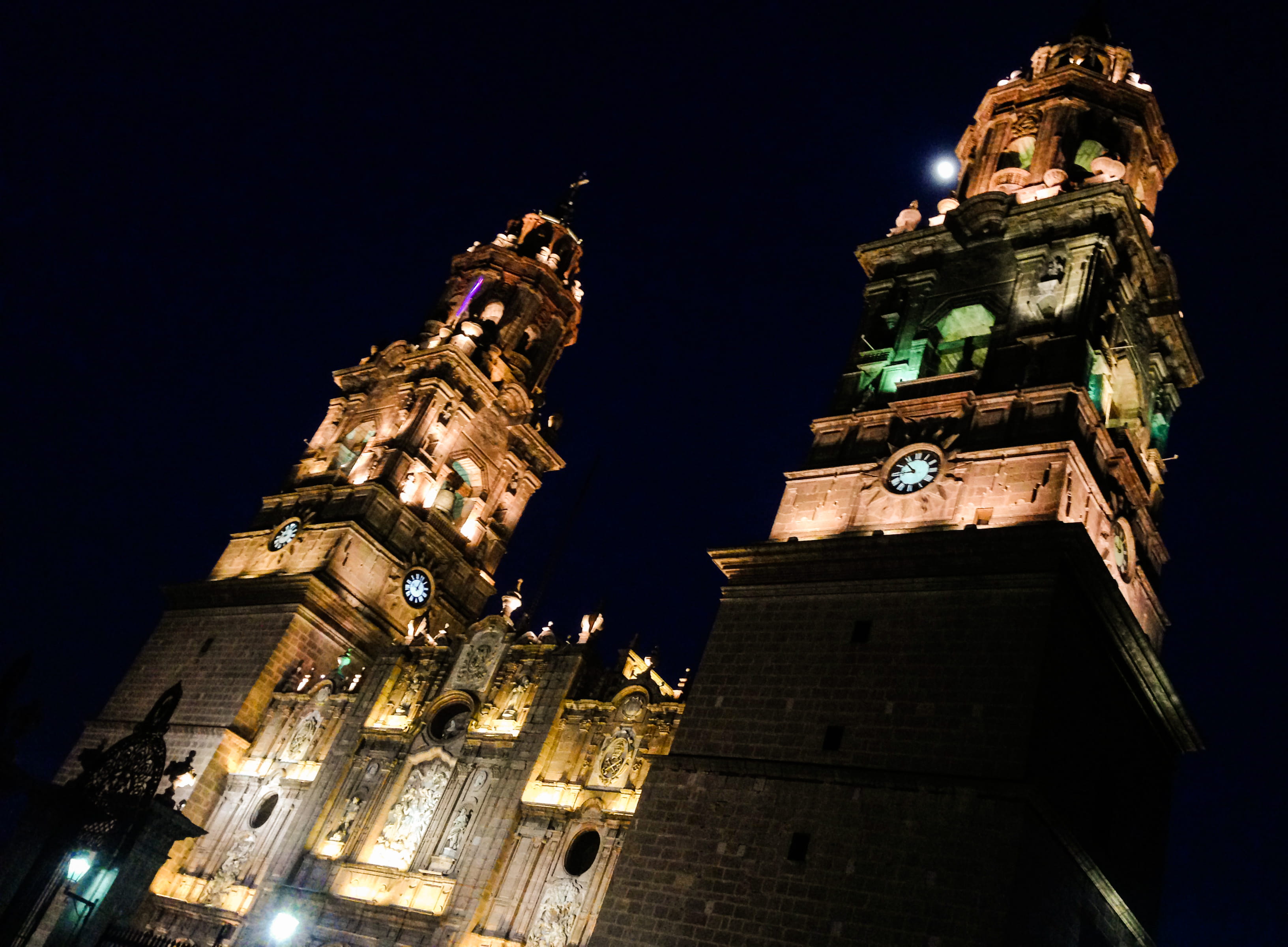 tall - high, gothic style, tourist, building exterior, time, cathedral, night, architecture, the past, no people, building, baroque, mexico, colonial, clock tower, HD Wallpaper