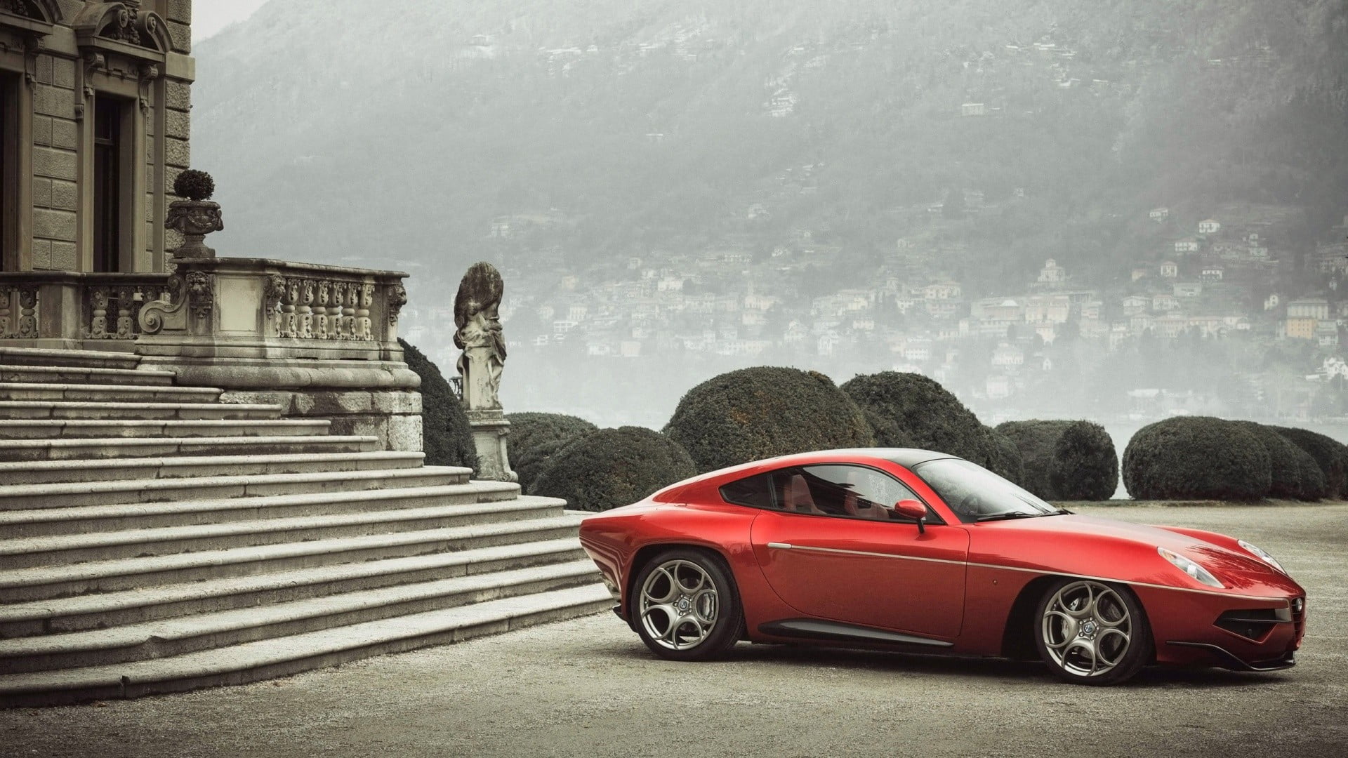 luxury, car, rain, Alfa Romeo, wet, transportation, motor vehicle, street, water, architecture, mode of transportation, city, day, built structure, red cars, HD Wallpaper