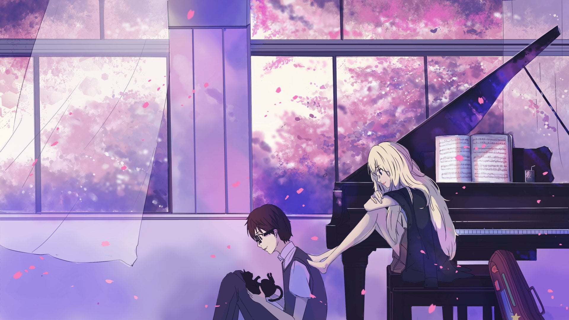 built structure, Anime, real people, outdoors, day, Your Lie in April, casual clothing, women, architecture, Kousei Arima, playing, woman, piano, nature, HD Wallpaper