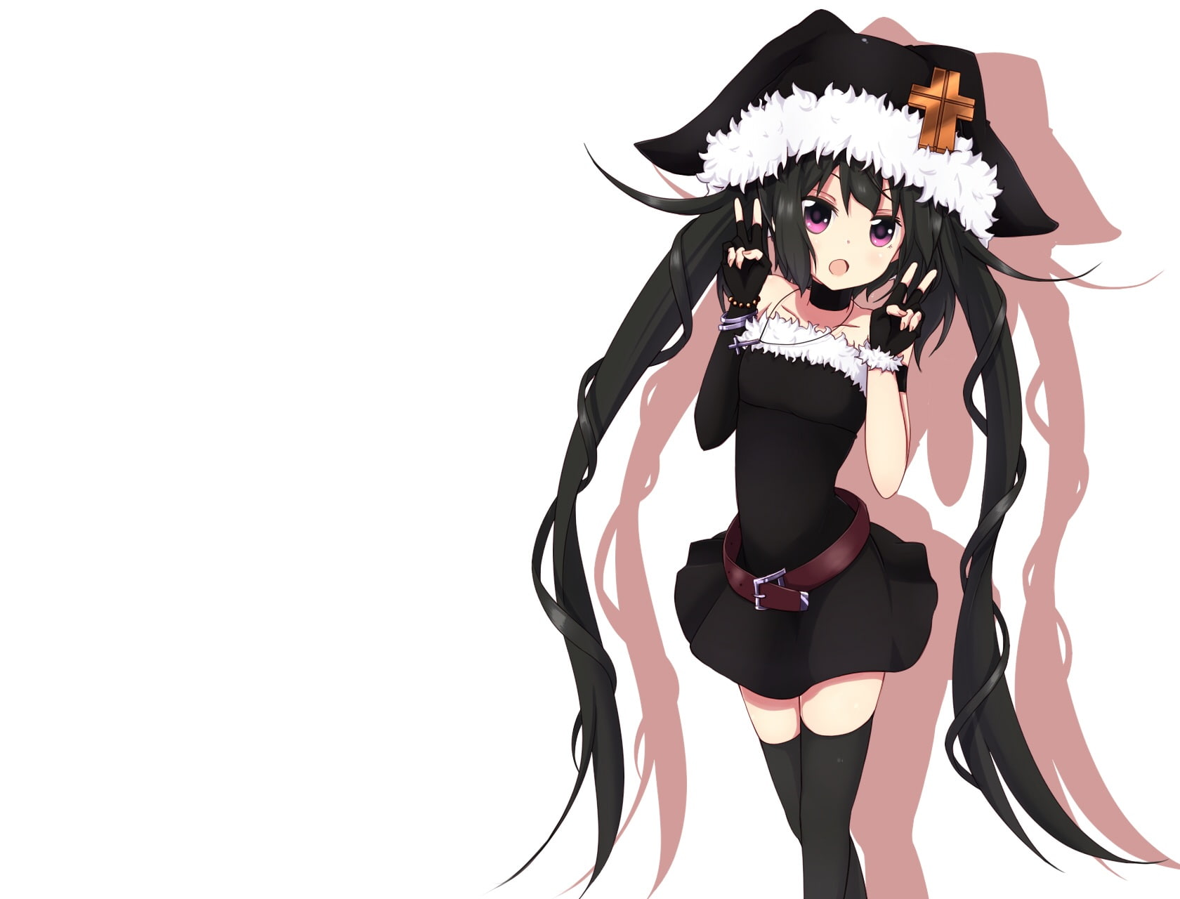 kouki, white, gloves, original, twintails, thighhighs, choker, dress, 720P, long, purple, necklace, hair, black, eyes, amano, HD Wallpaper