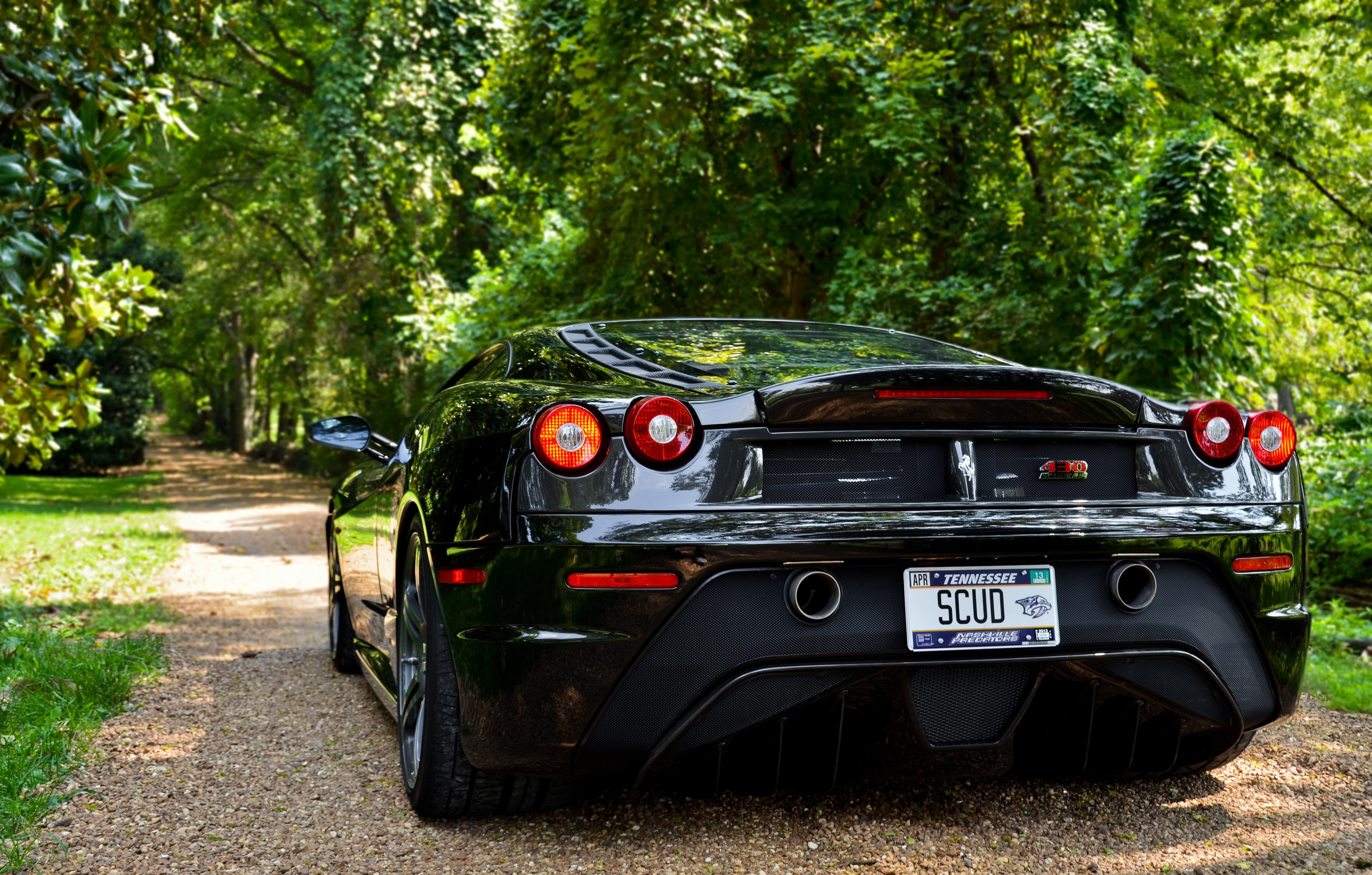black, scuderia, f, car, sports, f430, Ferrari F430 Scuderia, zadok, shadow, chernіy, Ferrari, 4K, trees, HD Wallpaper