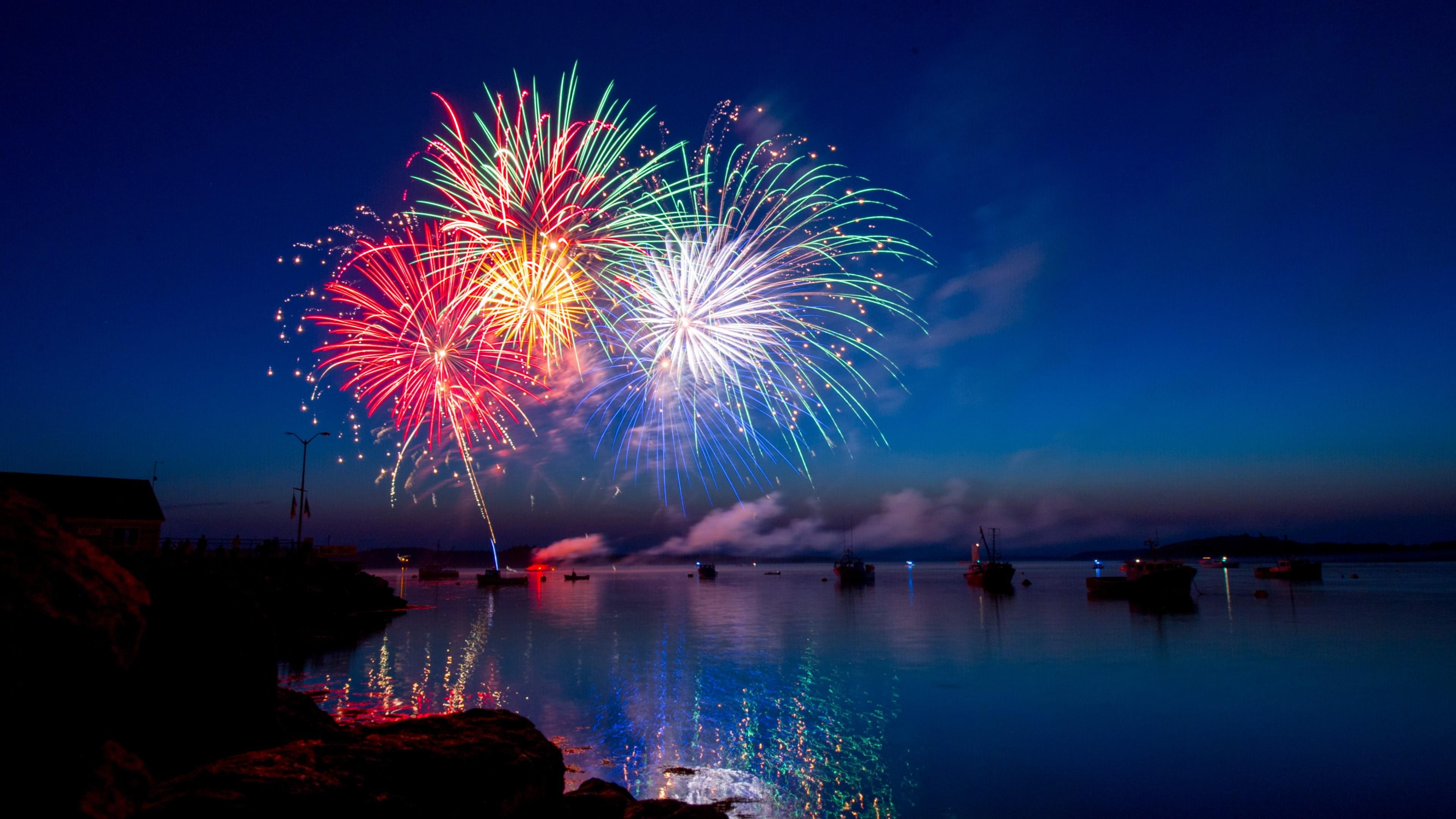 night sky, new year, evening, fireworks, water, public event, tourist attraction, festival, river, reflection, night lights, event, fête, 4K, pyrotechnics, HD Wallpaper