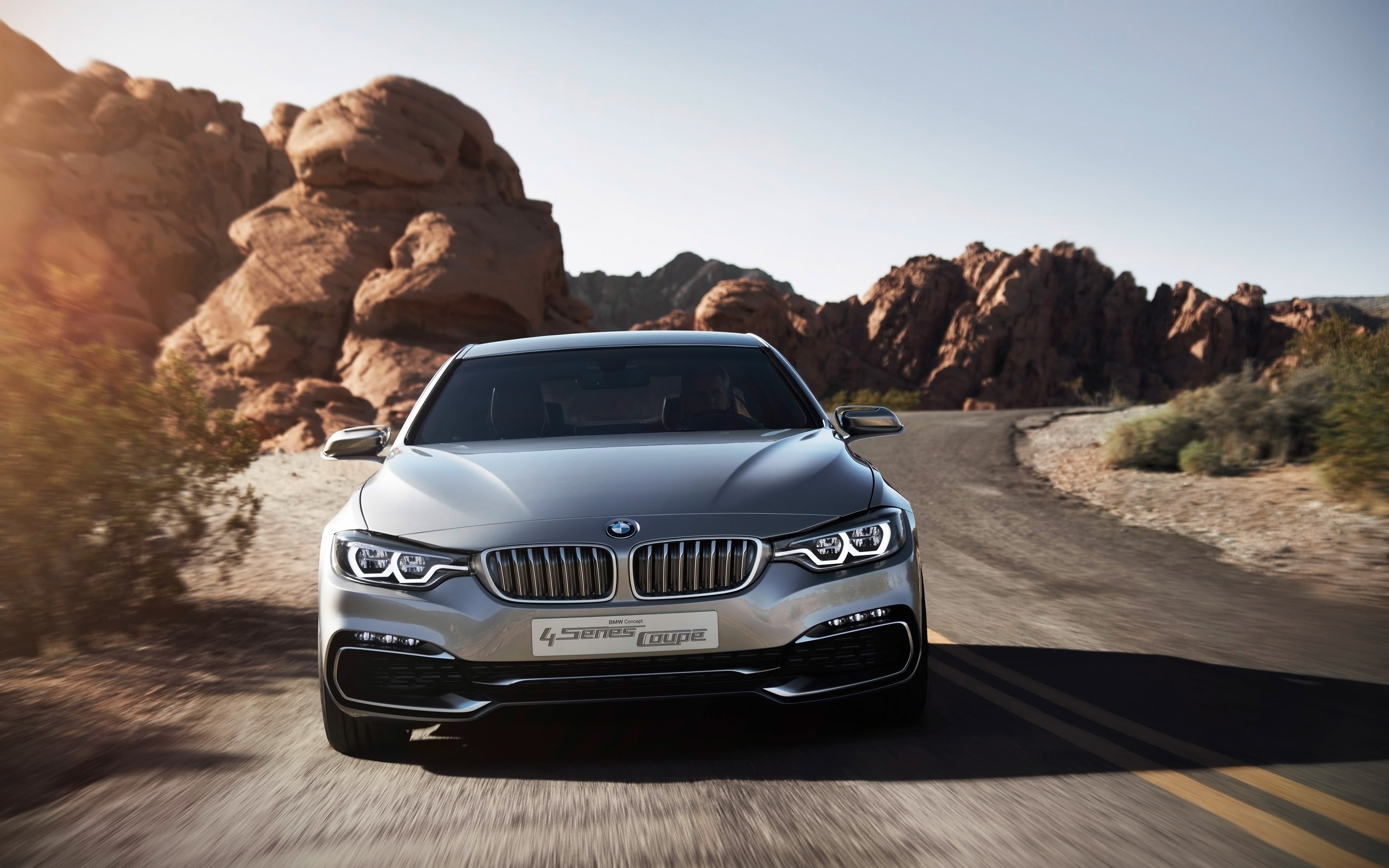 motor vehicle, day, clear sky, 4K, no people, outdoors, solid, car, mountain, plant, 4K, BMW 4 Series Coupe, mode of transportation, formation, land vehicle, HD Wallpaper