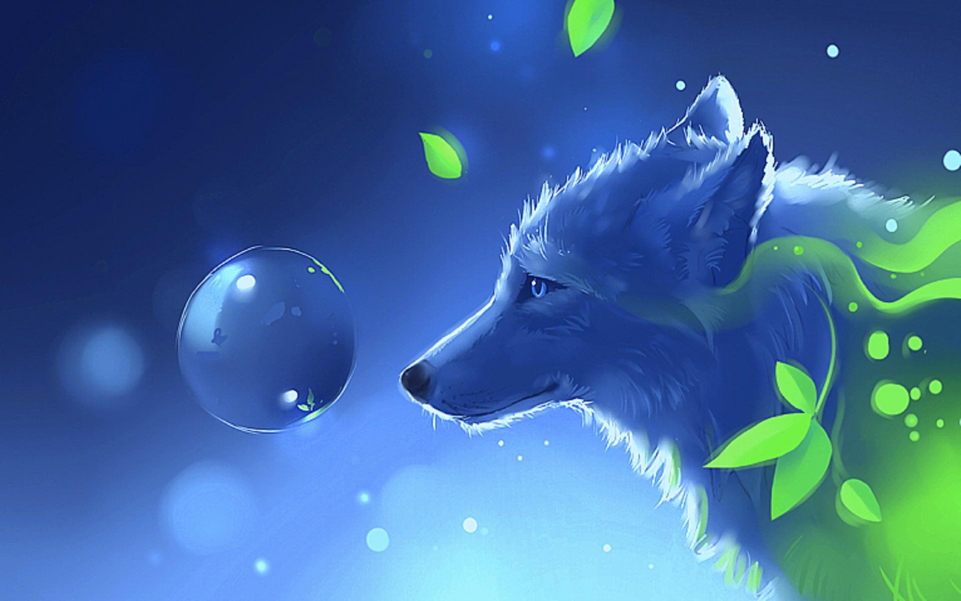 cool, illustration, paintings, lovely, plants, 1080P, front, colors, drawings, creative-pre--made, animals, green, bubble, softness-beauty, wolf, white, HD Wallpaper